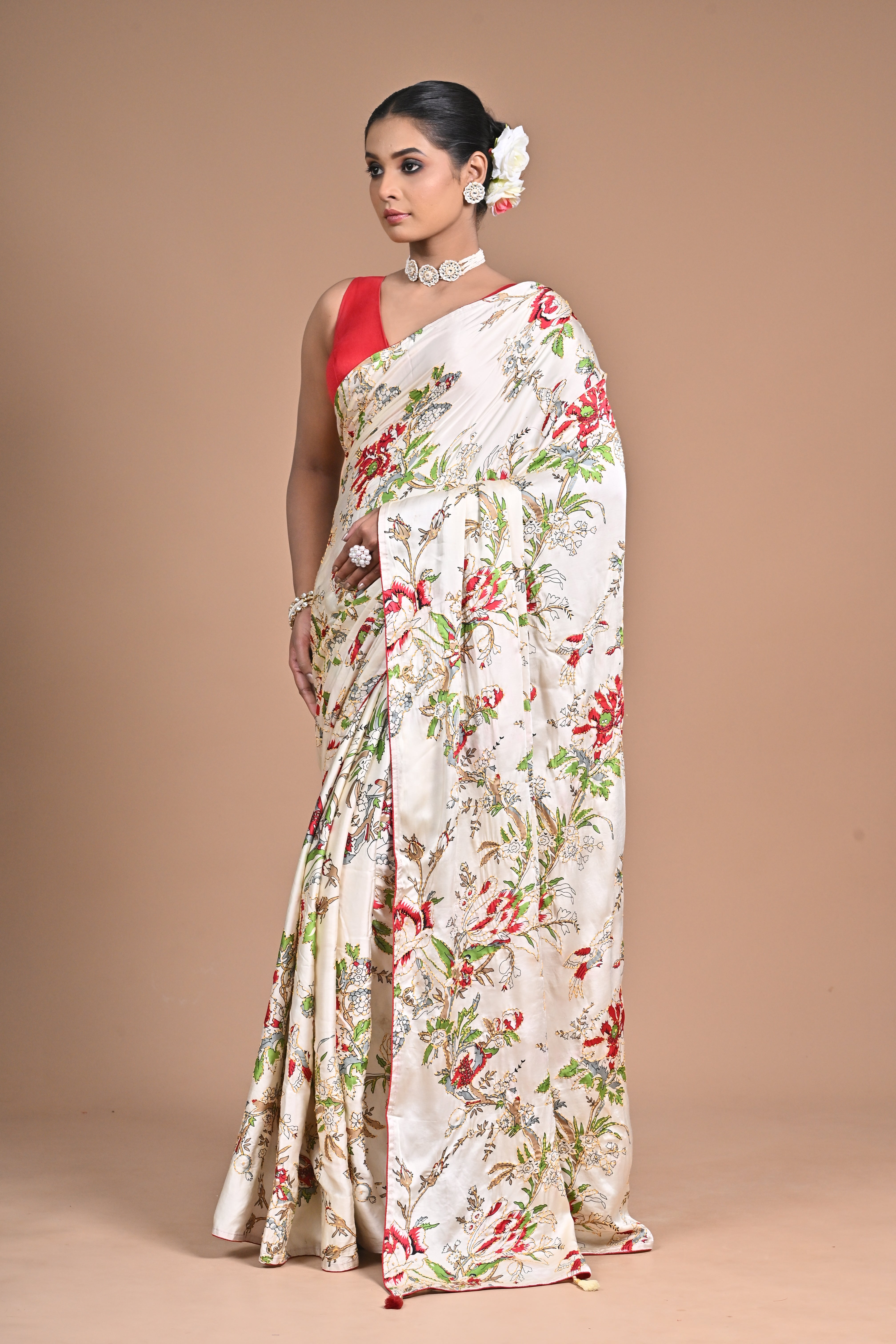 Threaded Royalty – Silk Printed Saree with Kantha Jaal Embroidery