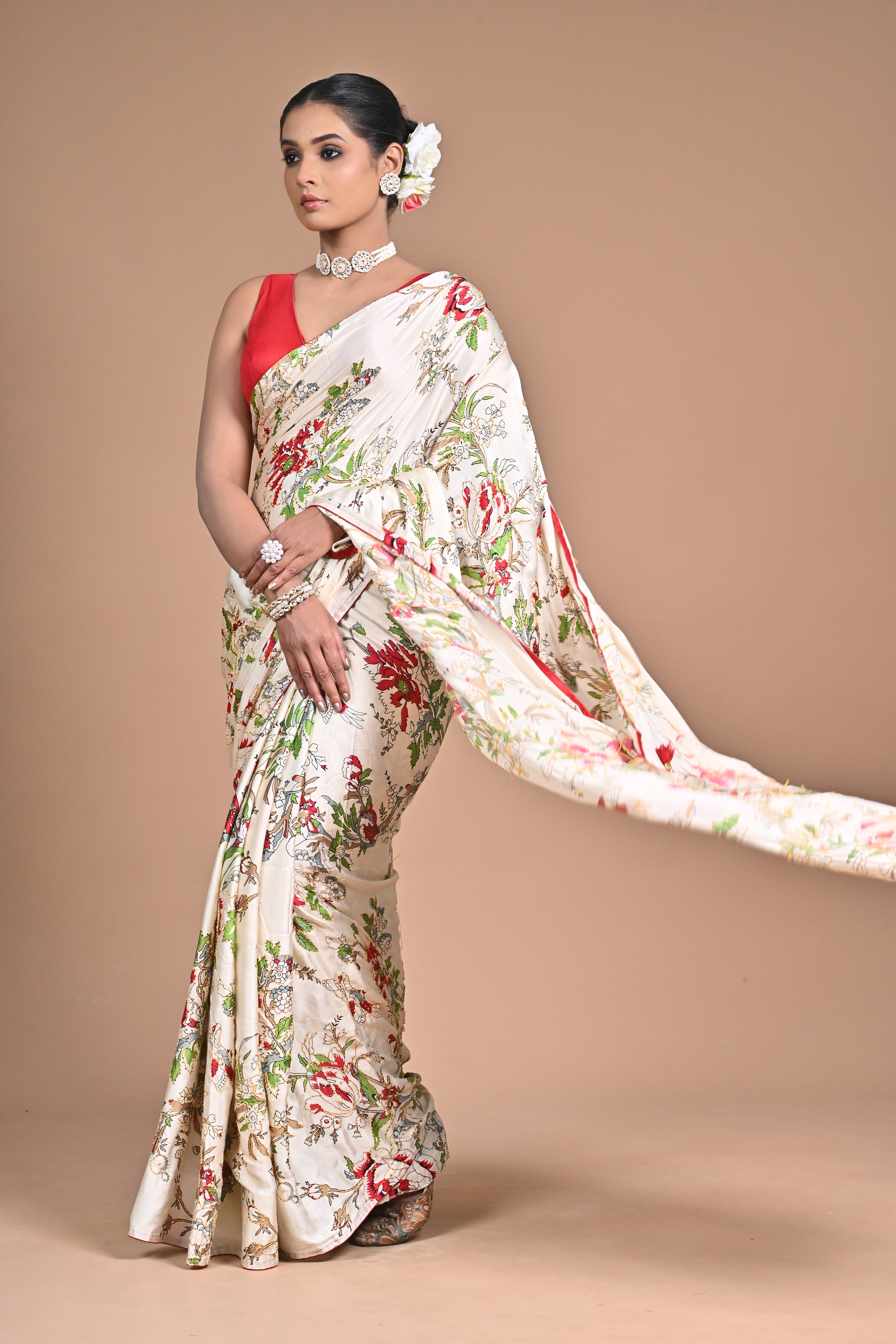 Threaded Royalty – Silk Printed Saree with Kantha Jaal Embroidery
