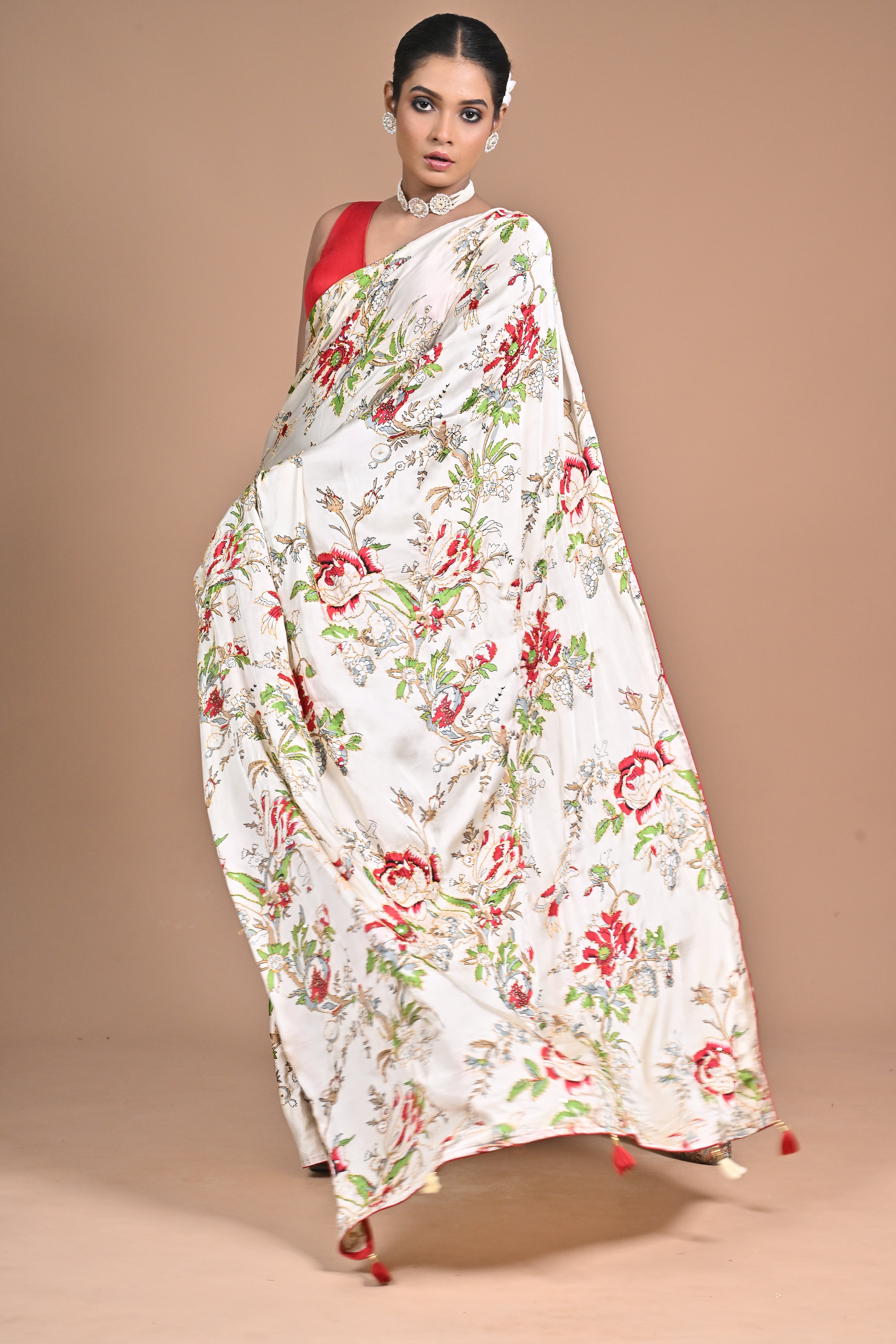 Threaded Royalty – Silk Printed Saree with Kantha Jaal Embroidery
