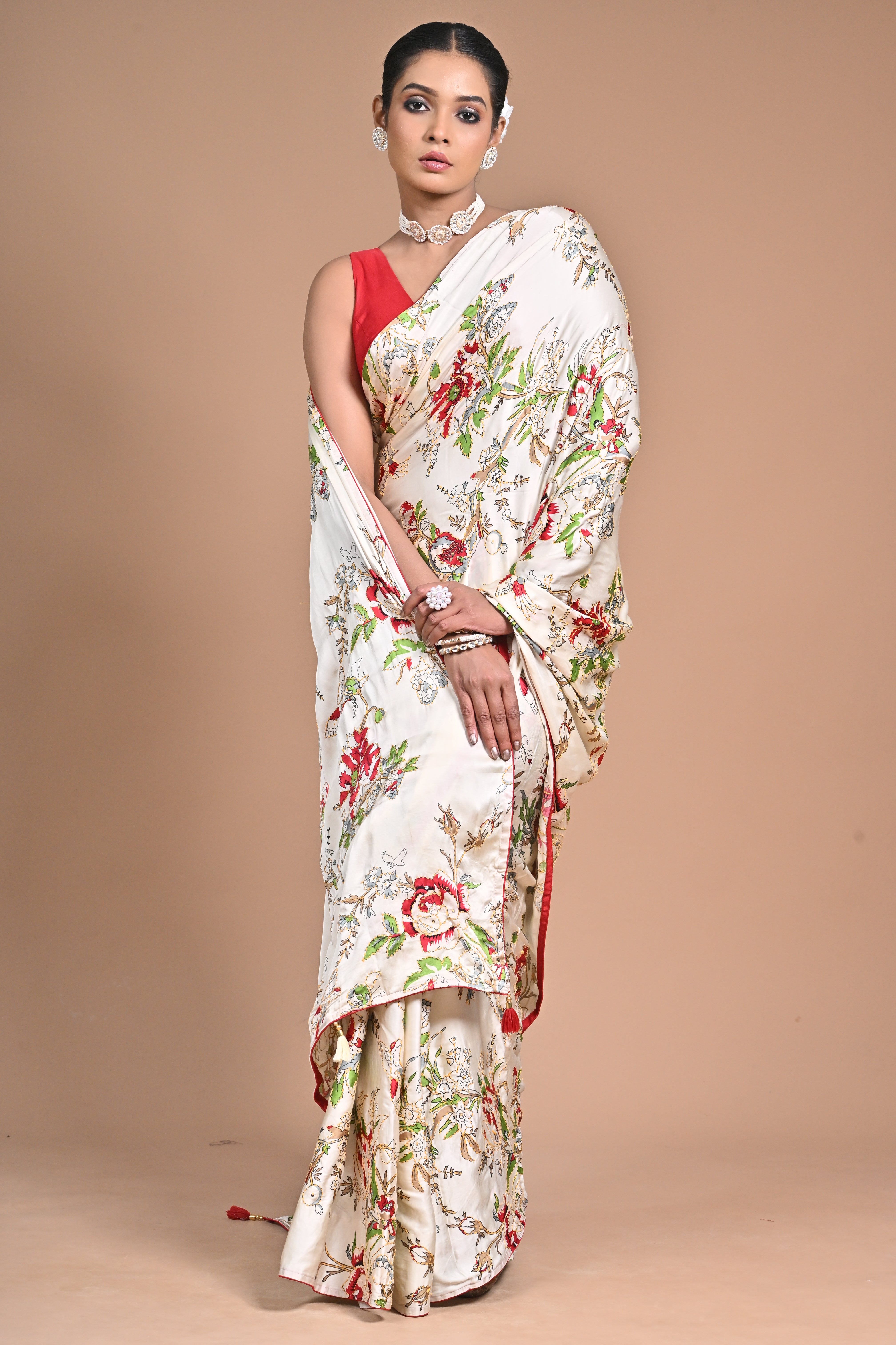 Threaded Royalty – Silk Printed Saree with Kantha Jaal Embroidery