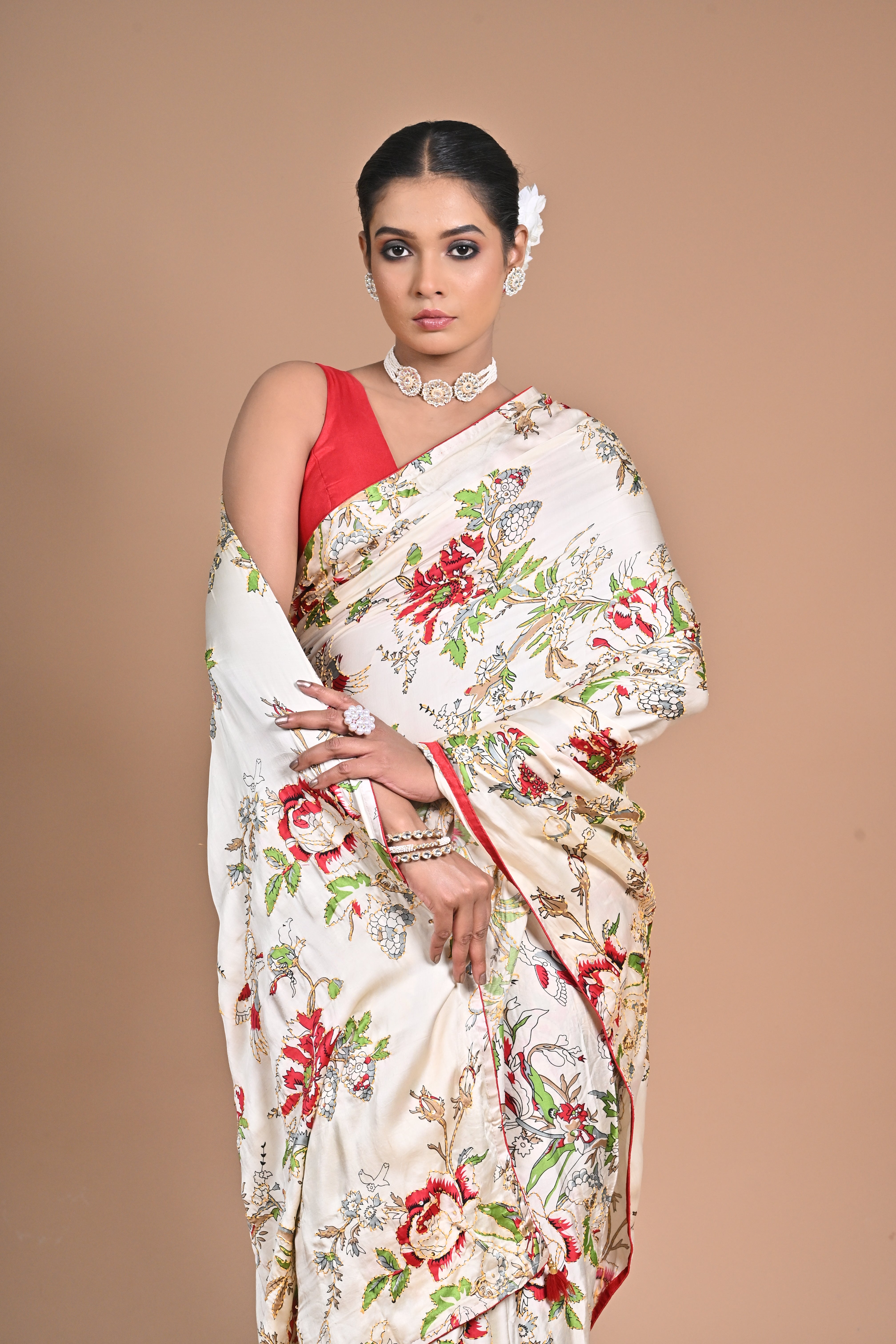 Threaded Royalty – Silk Printed Saree with Kantha Jaal Embroidery