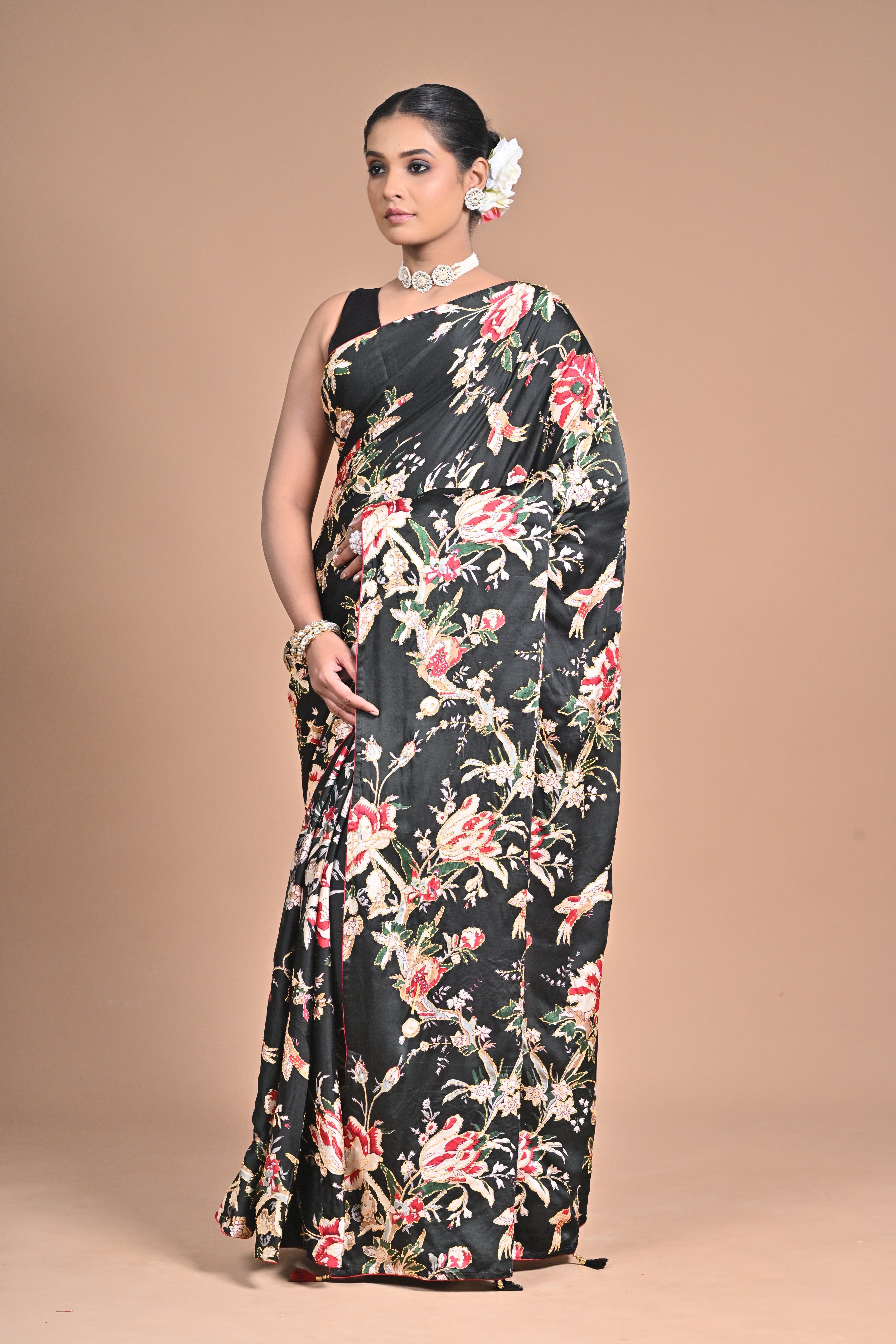 Threaded Royalty – Silk Printed Saree with Kantha Jaal Embroidery