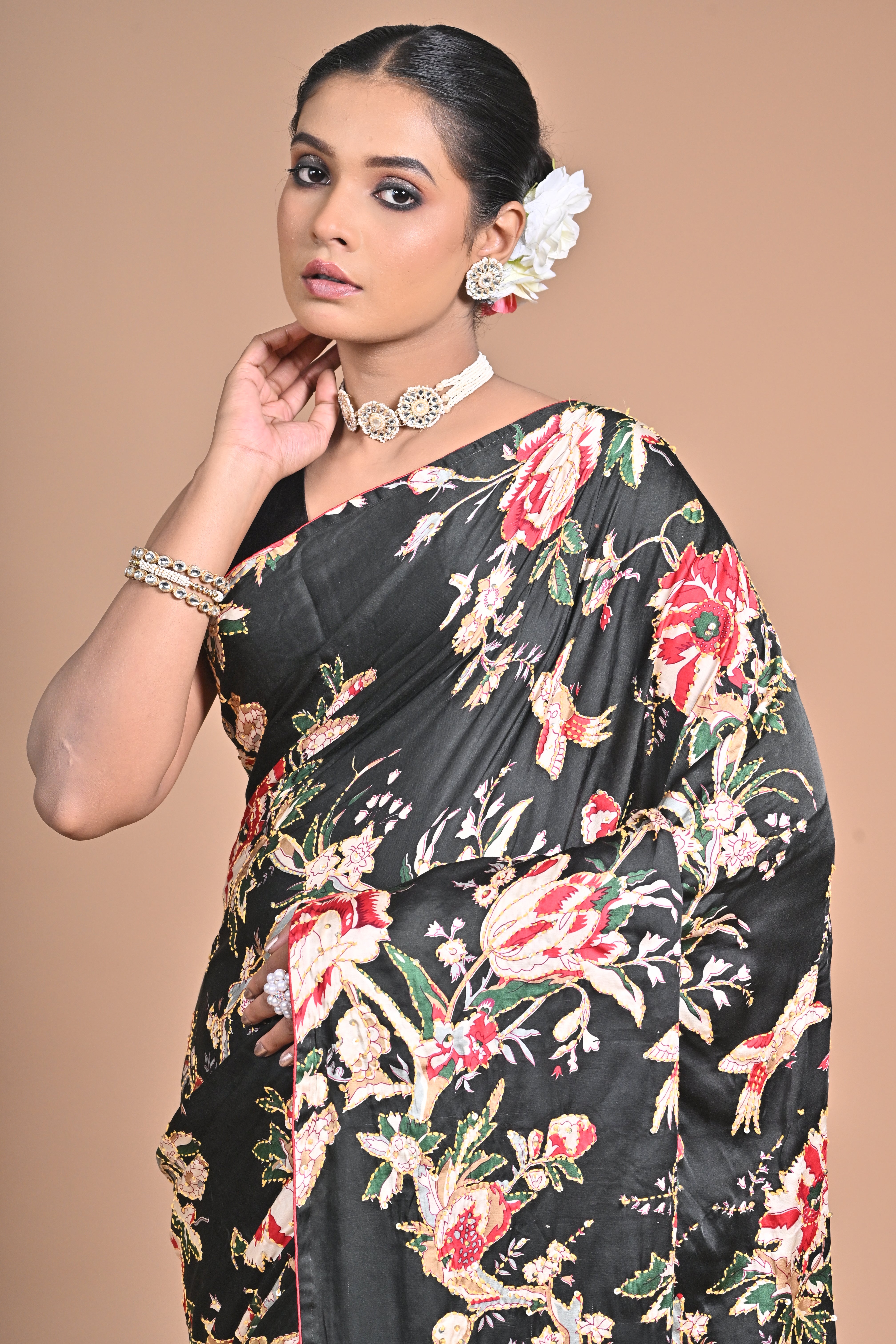 Threaded Royalty – Silk Printed Saree with Kantha Jaal Embroidery