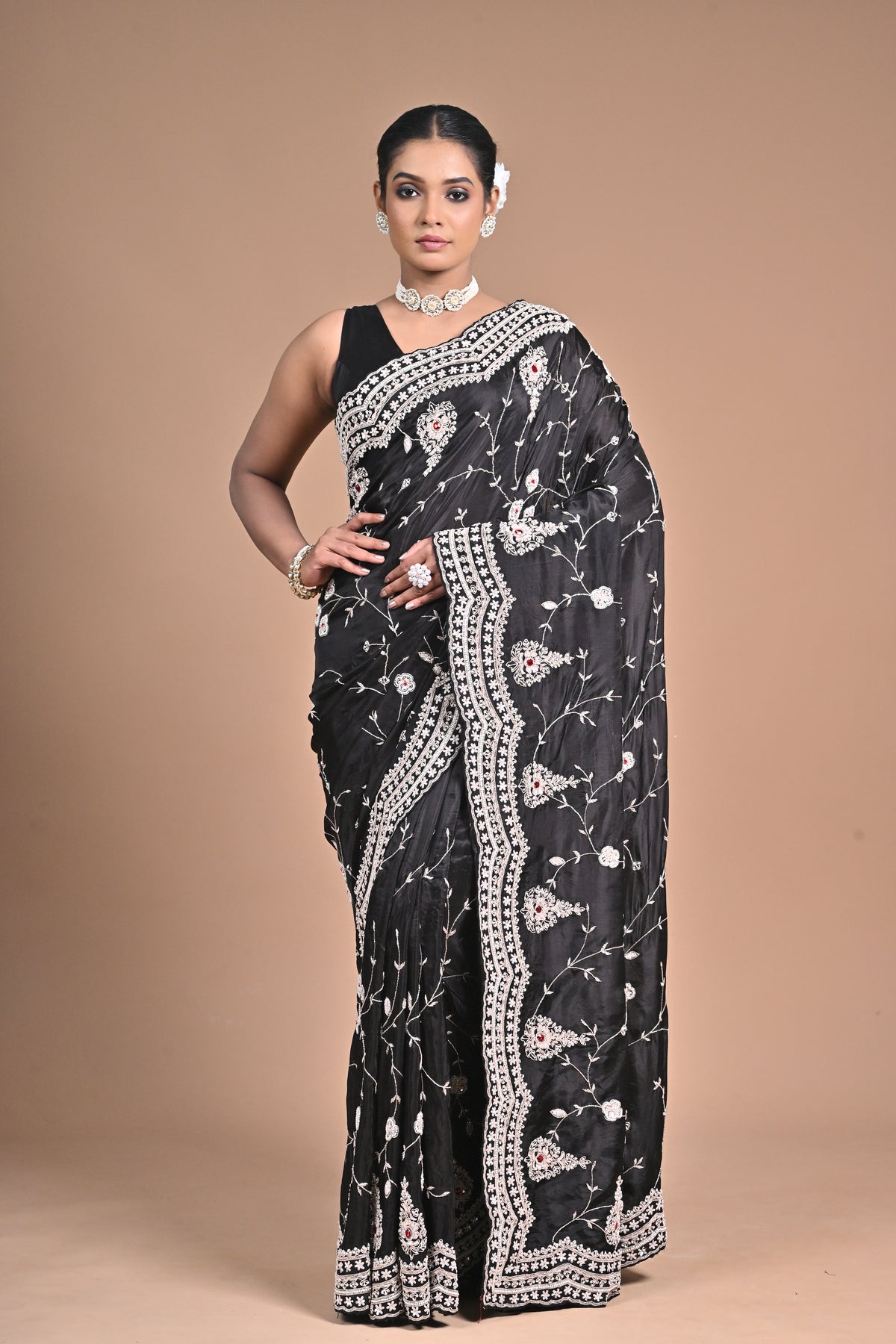 Midnight Muse – Black Embroidered Saree with Ivory Detailing Main image
