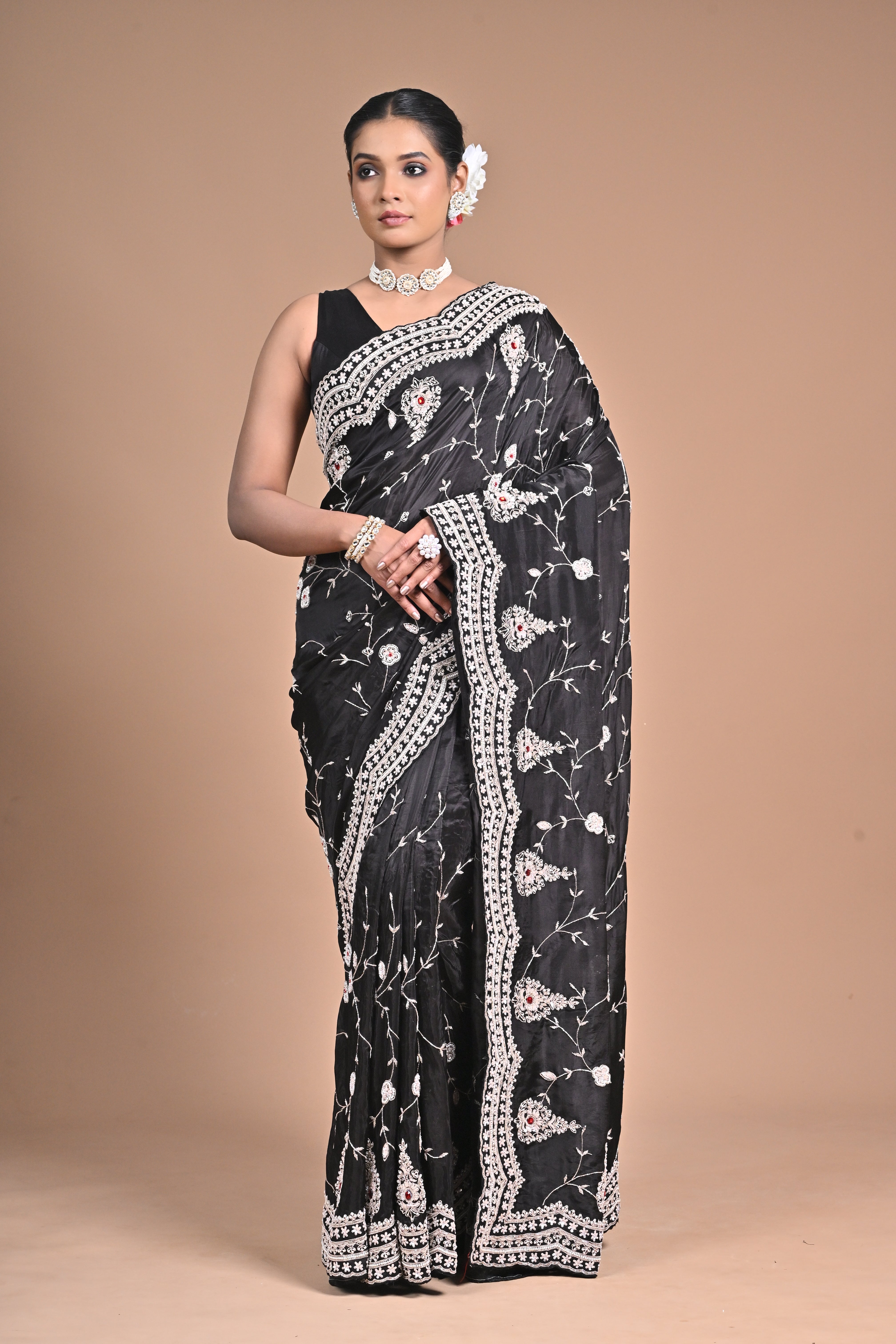 Midnight Muse – Black Embroidered Saree with Ivory Detailing