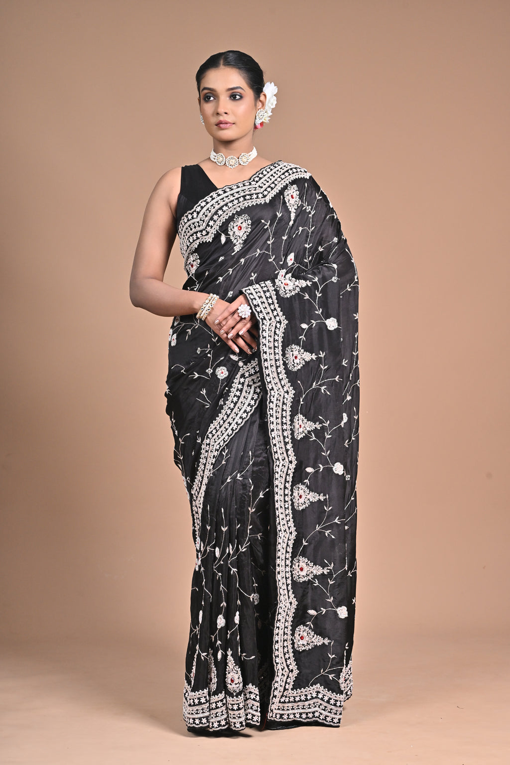 Midnight Muse – Black Embroidered Saree with Ivory Detailing