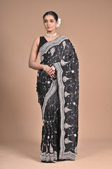 Midnight Muse – Black Embroidered Saree with Ivory Detailing