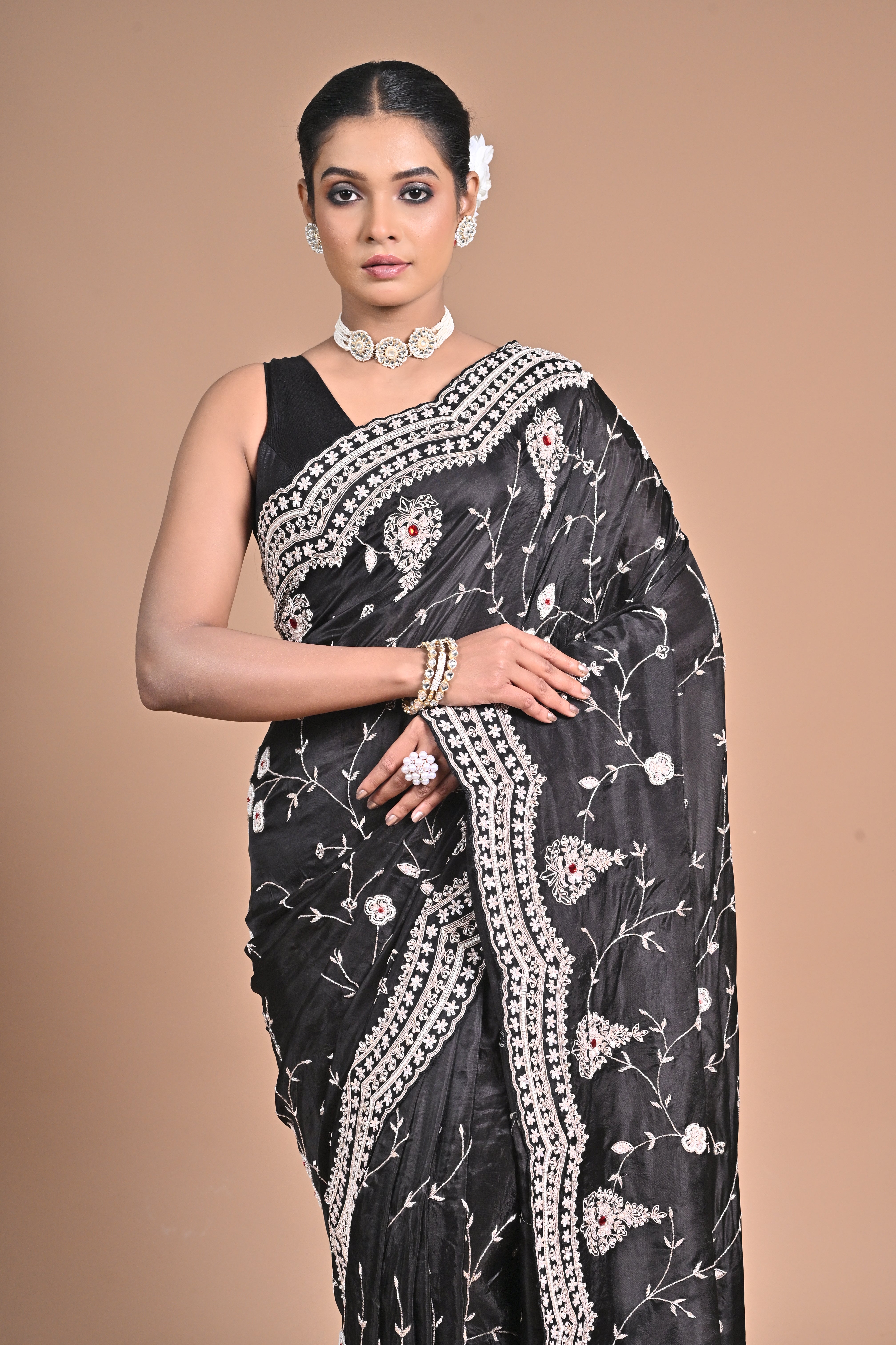 Midnight Muse – Black Embroidered Saree with Ivory Detailing