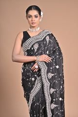 Midnight Muse – Black Embroidered Saree with Ivory Detailing
