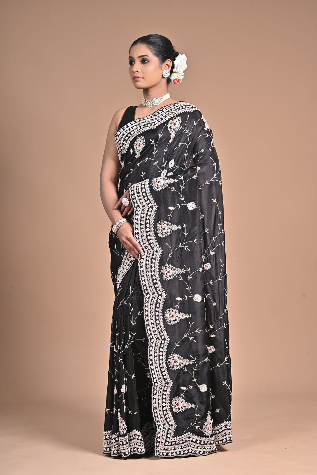 Midnight Muse – Black Embroidered Saree with Ivory Detailing