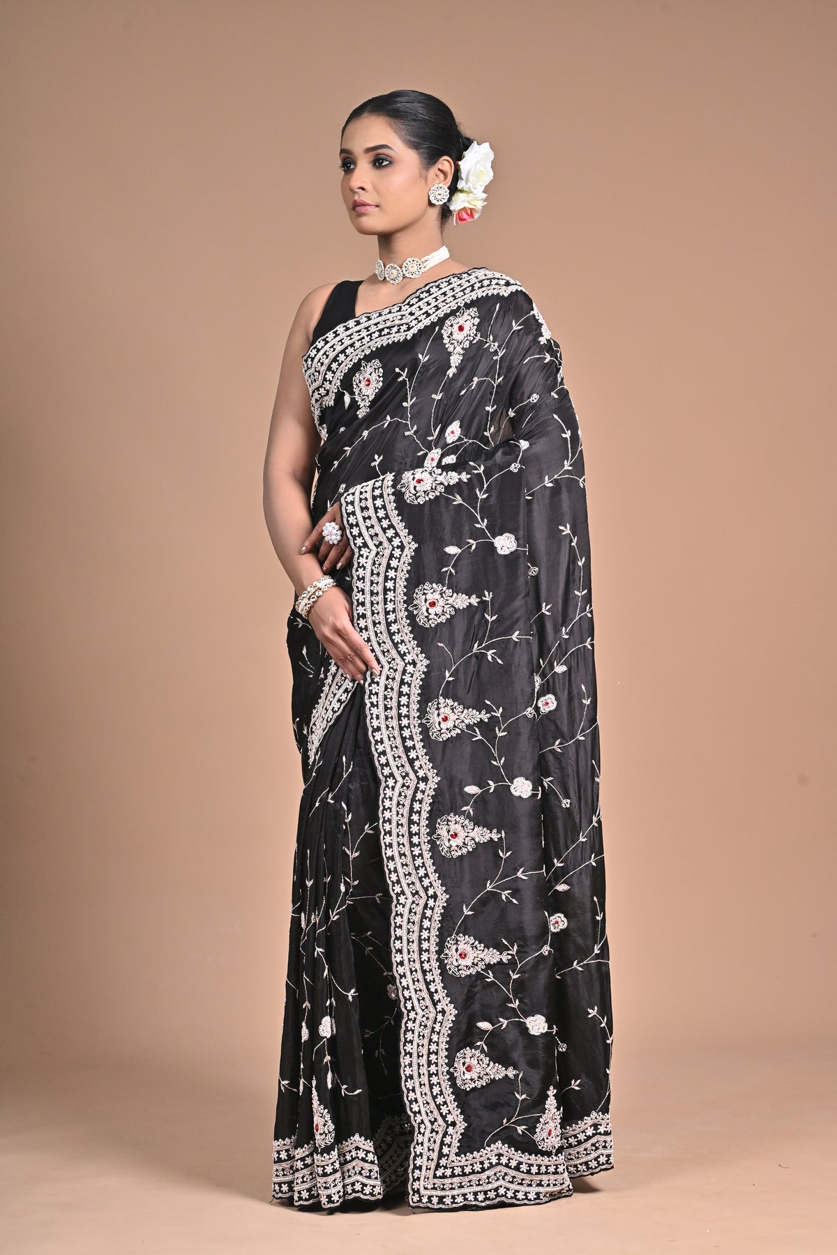 Midnight Muse – Black Embroidered Saree with Ivory Detailing