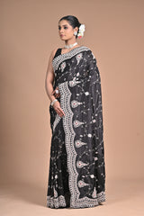 Midnight Muse – Black Embroidered Saree with Ivory Detailing