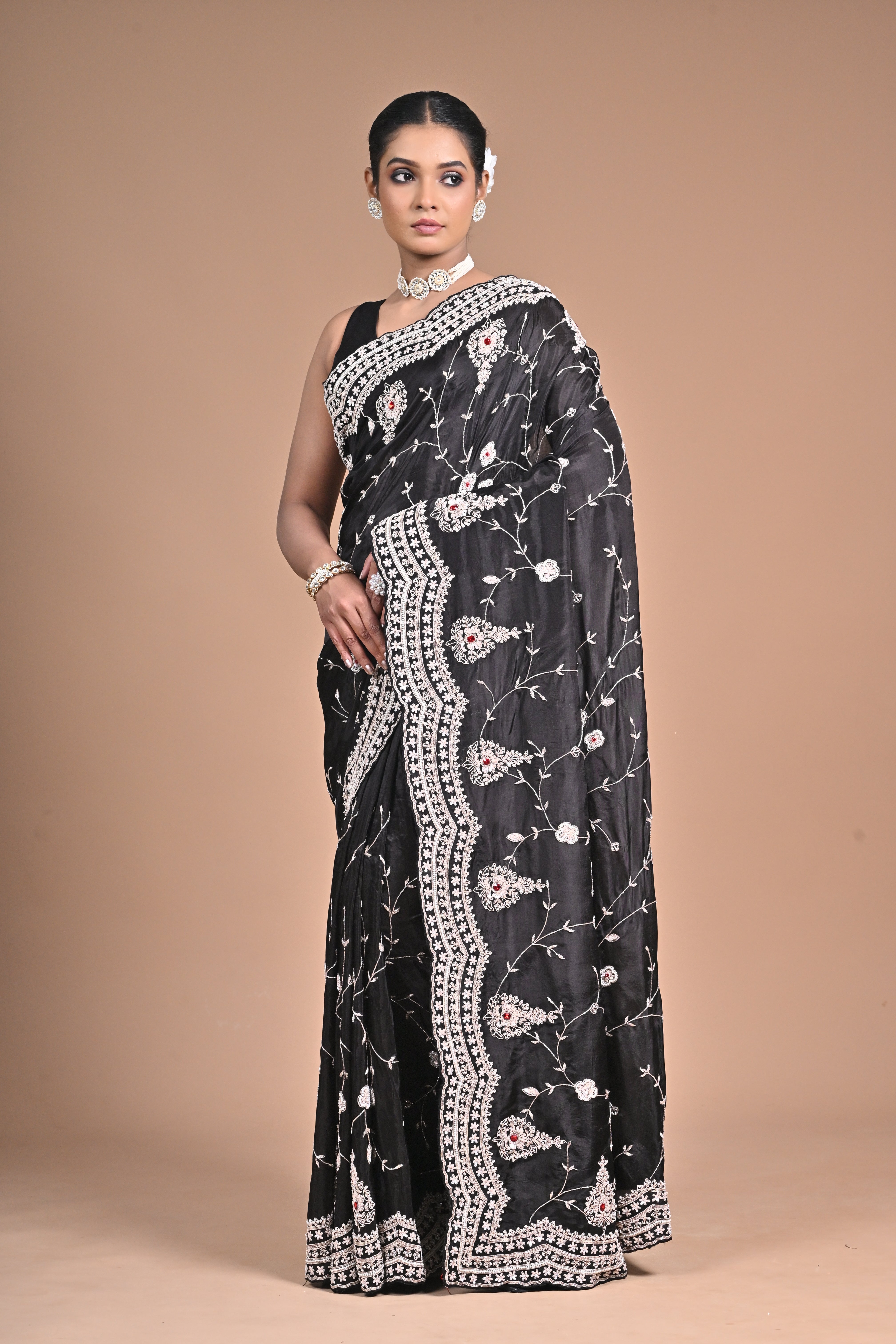 Midnight Muse – Black Embroidered Saree with Ivory Detailing