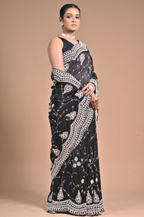 Midnight Muse – Black Embroidered Saree with Ivory Detailing