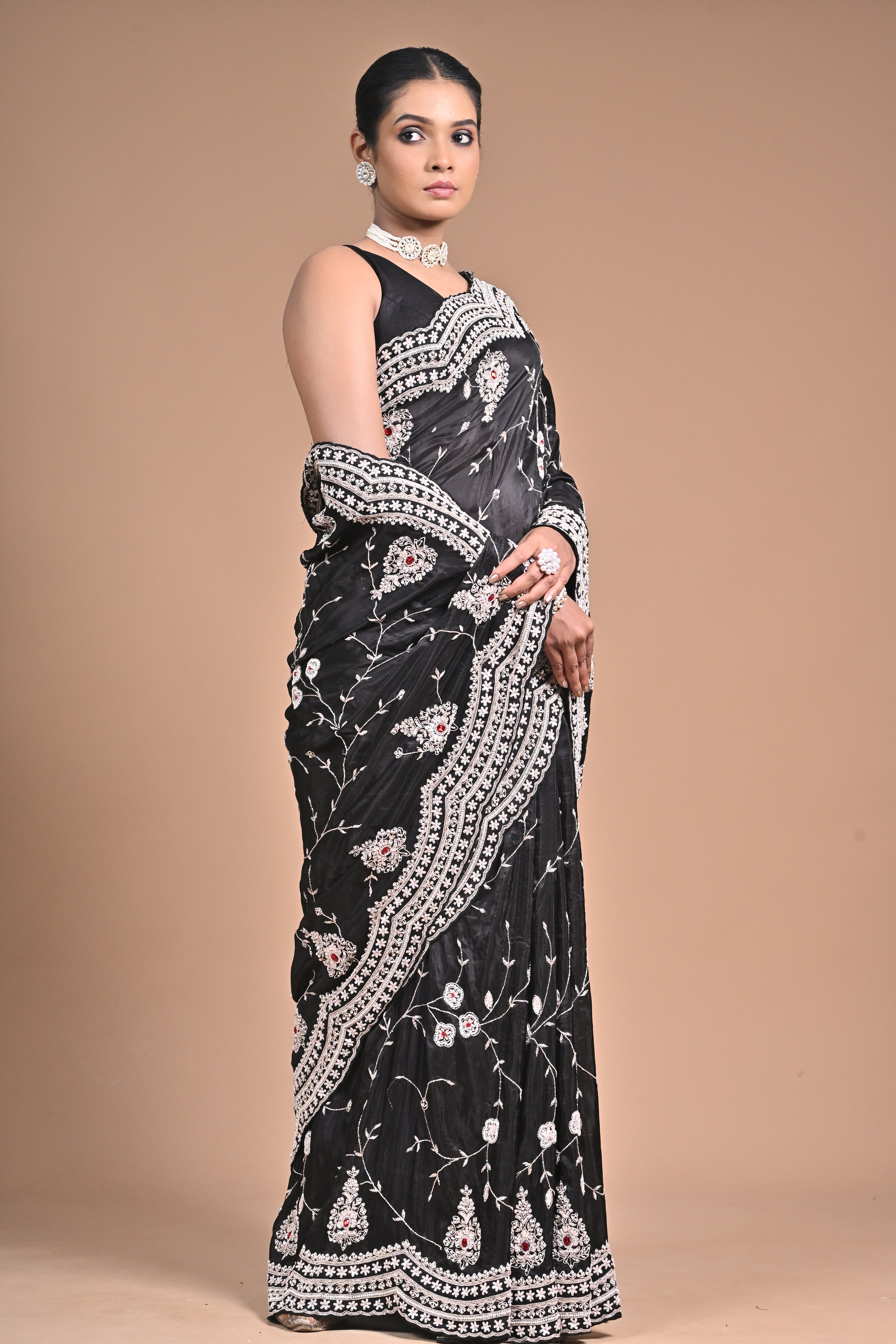 Midnight Muse – Black Embroidered Saree with Ivory Detailing