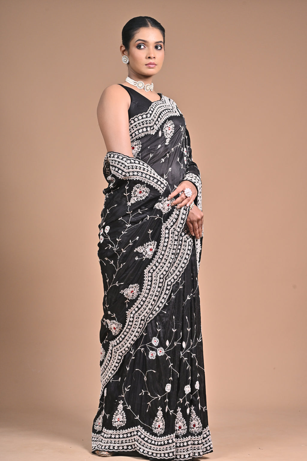 Midnight Muse – Black Embroidered Saree with Ivory Detailing
