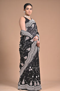 Midnight Muse – Black Embroidered Saree with Ivory Detailing