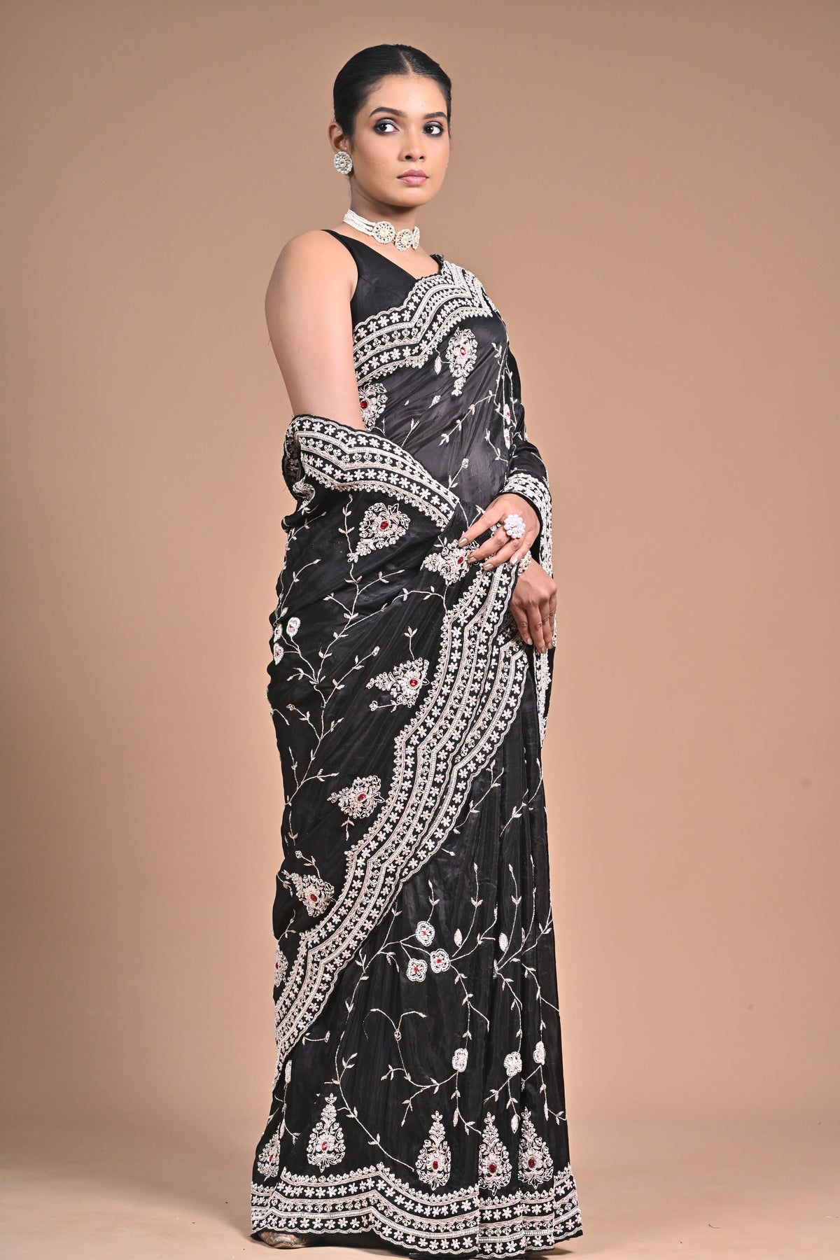 Midnight Muse – Black Embroidered Saree with Ivory Detailing
