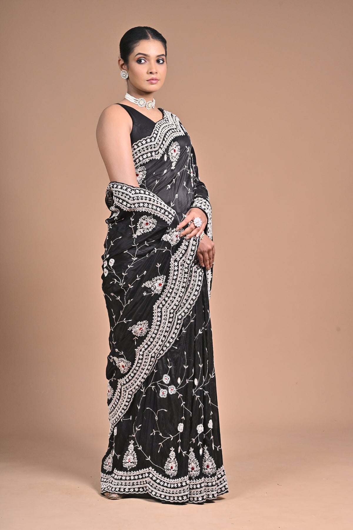 Midnight Muse – Black Embroidered Saree with Ivory Detailing