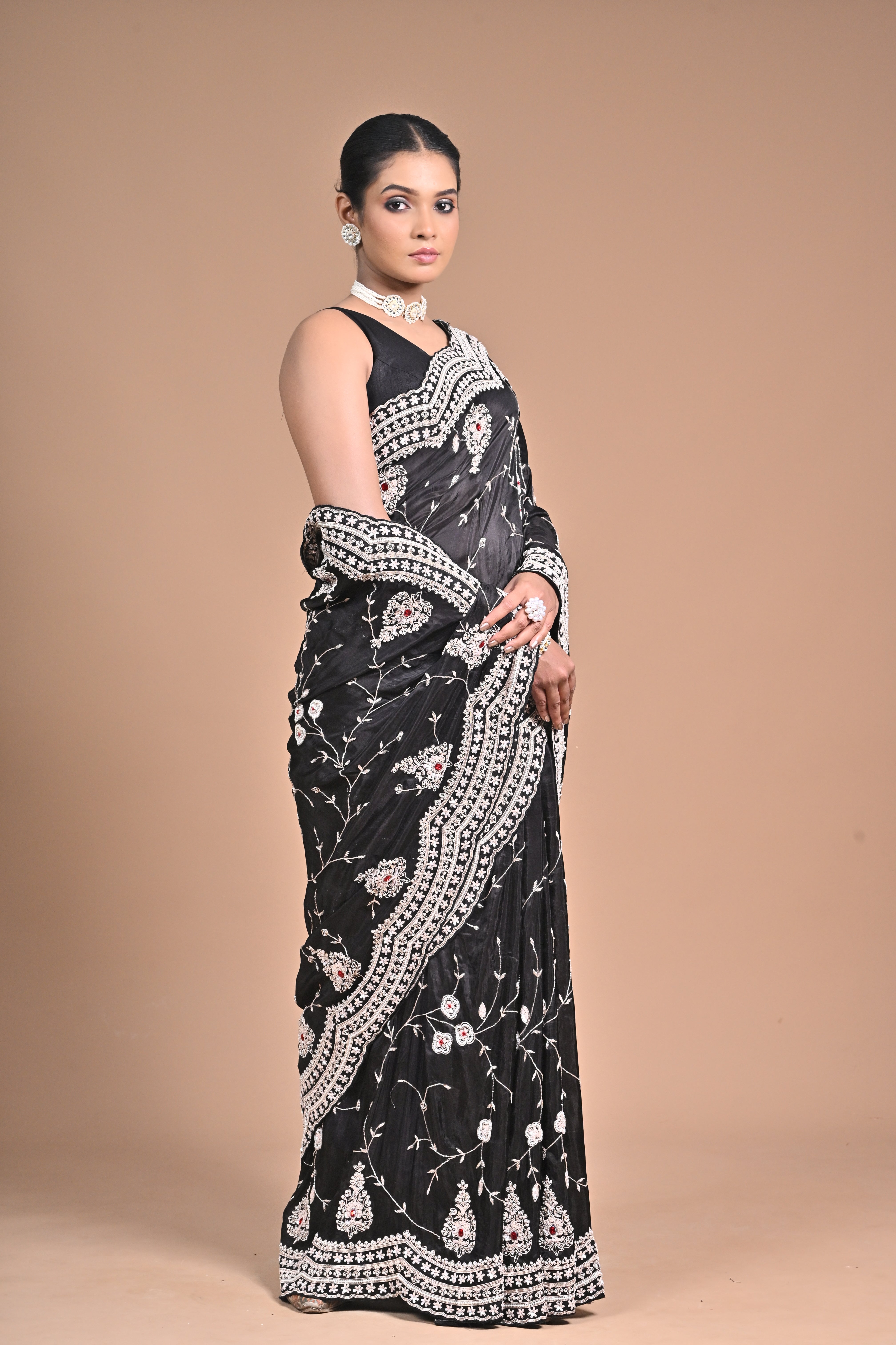 Midnight Muse – Black Embroidered Saree with Ivory Detailing