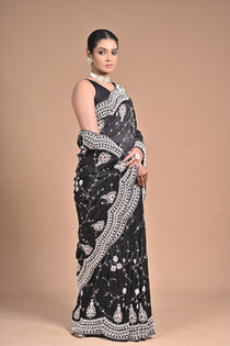 Midnight Muse – Black Embroidered Saree with Ivory Detailing