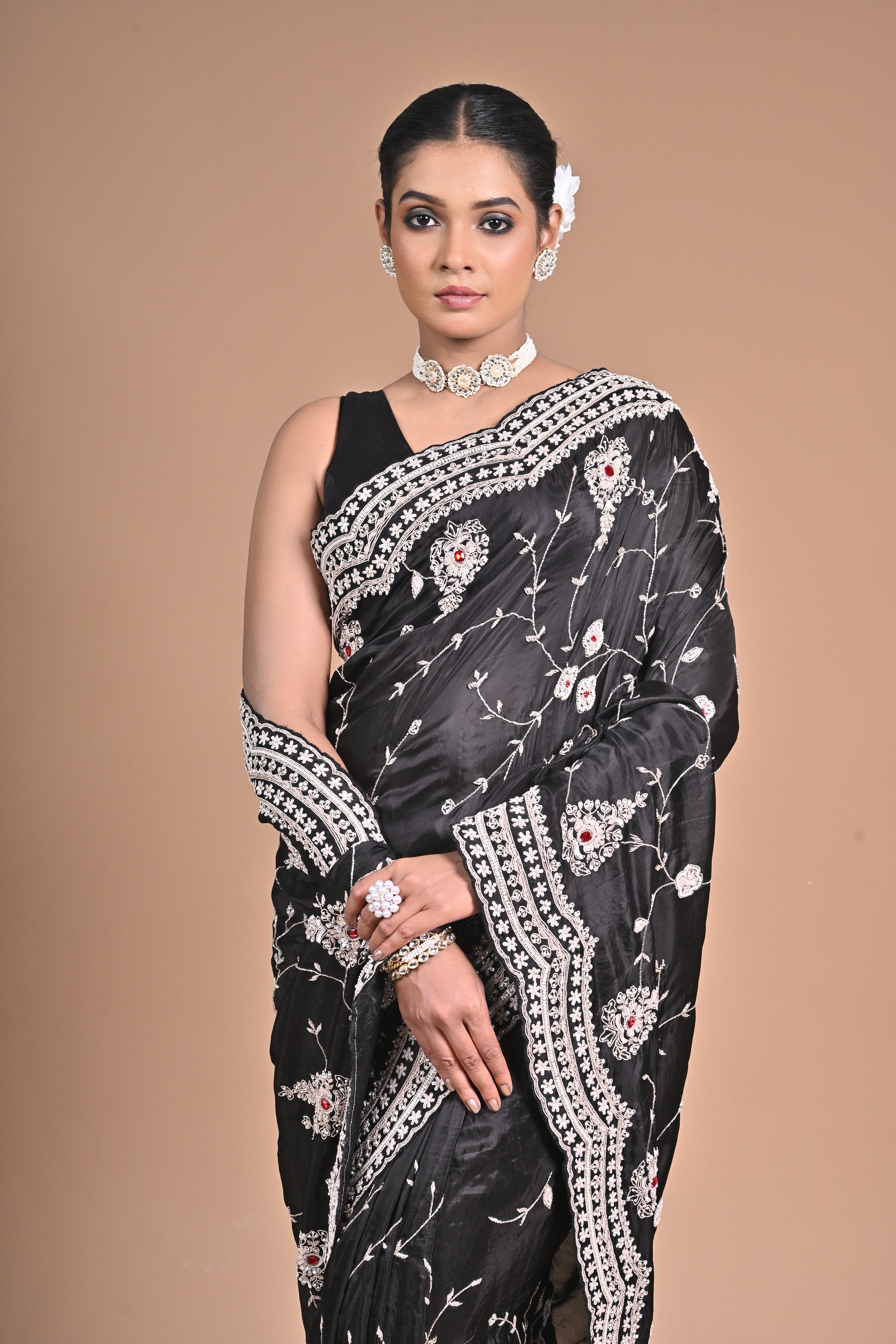 Midnight Muse – Black Embroidered Saree with Ivory Detailing