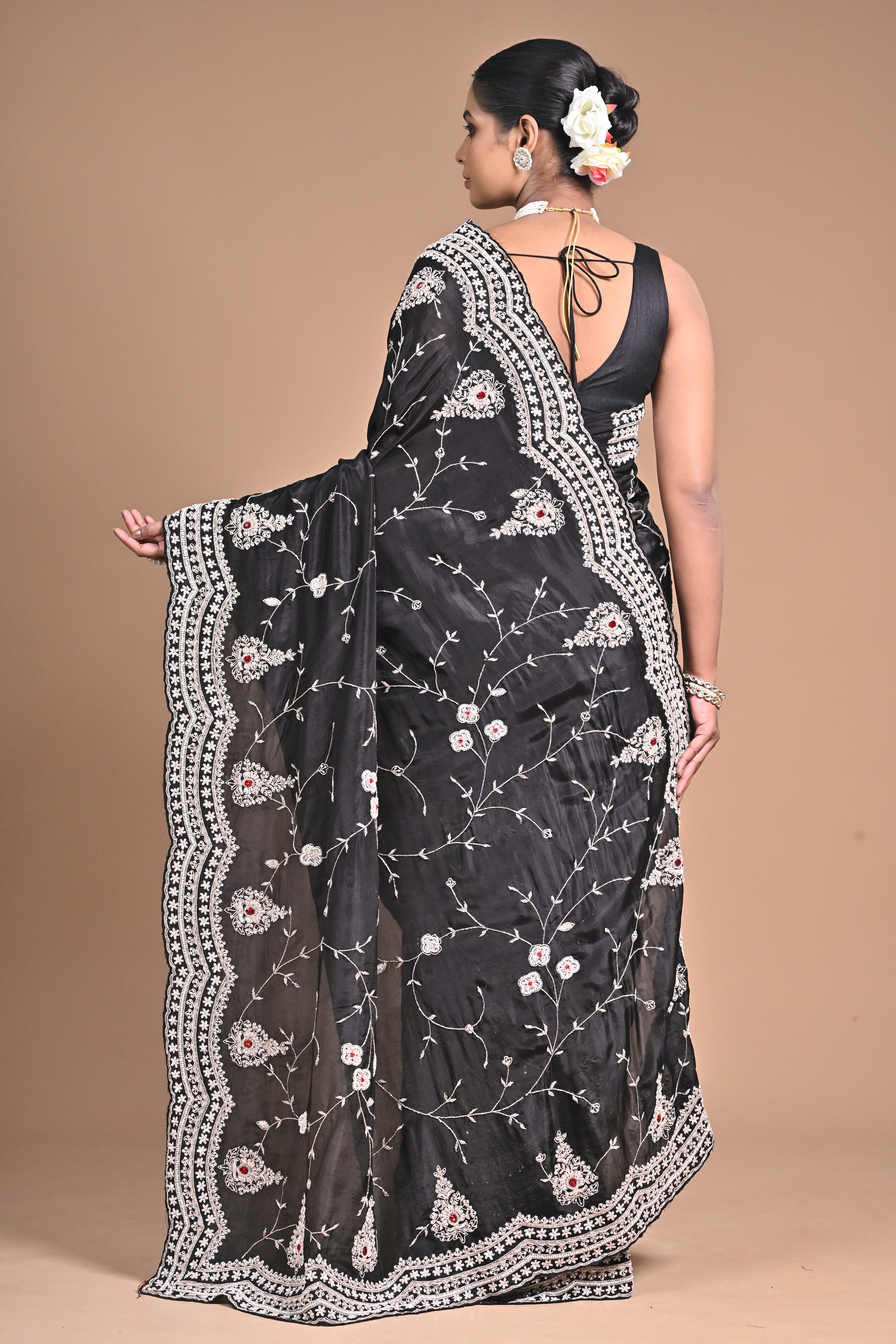 Midnight Muse – Black Embroidered Saree with Ivory Detailing