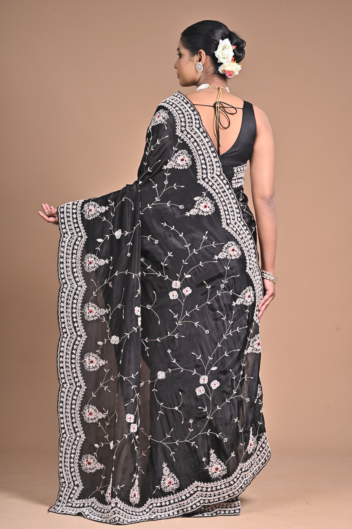 Midnight Muse – Black Embroidered Saree with Ivory Detailing