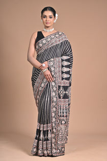 Ajrakh Elegance on Gajji Silk – Hand Embroidered Masterpiece