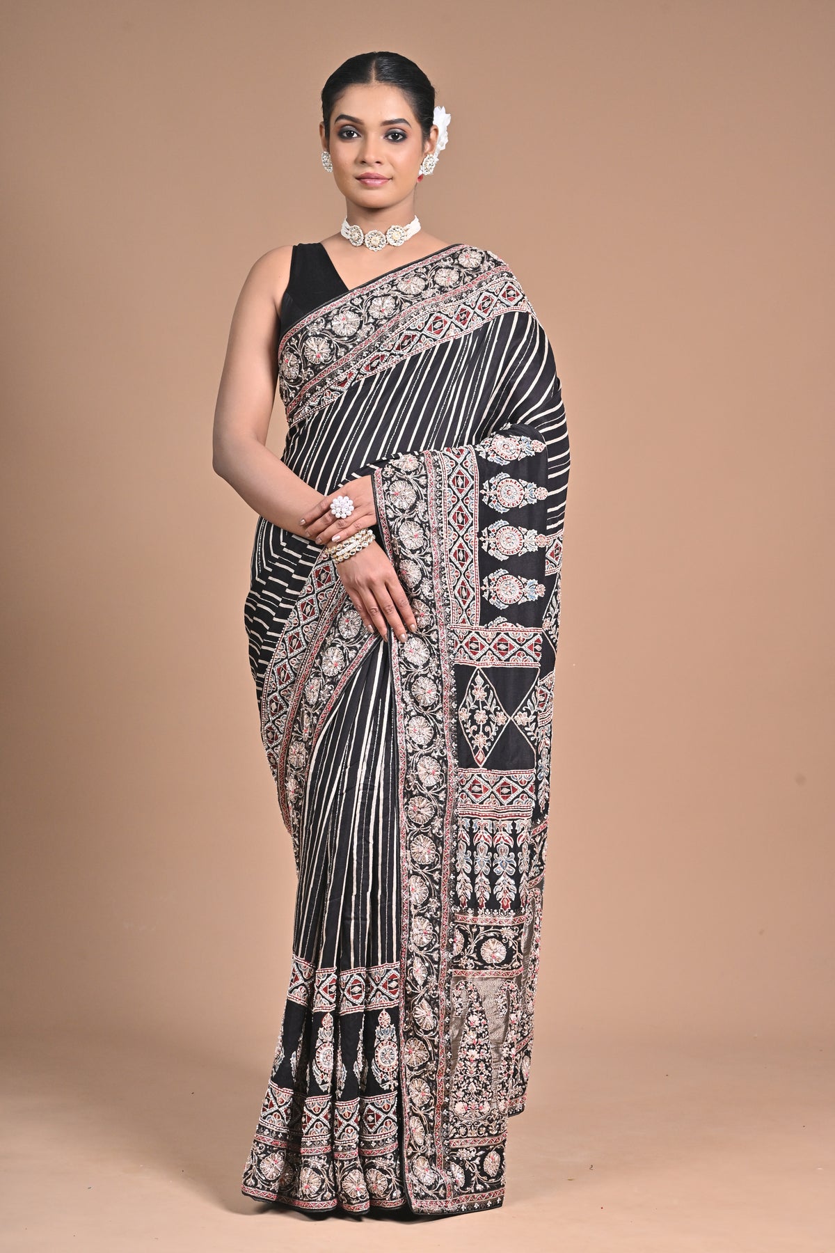 Ajrakh Elegance on Gajji Silk – Hand Embroidered Masterpiece