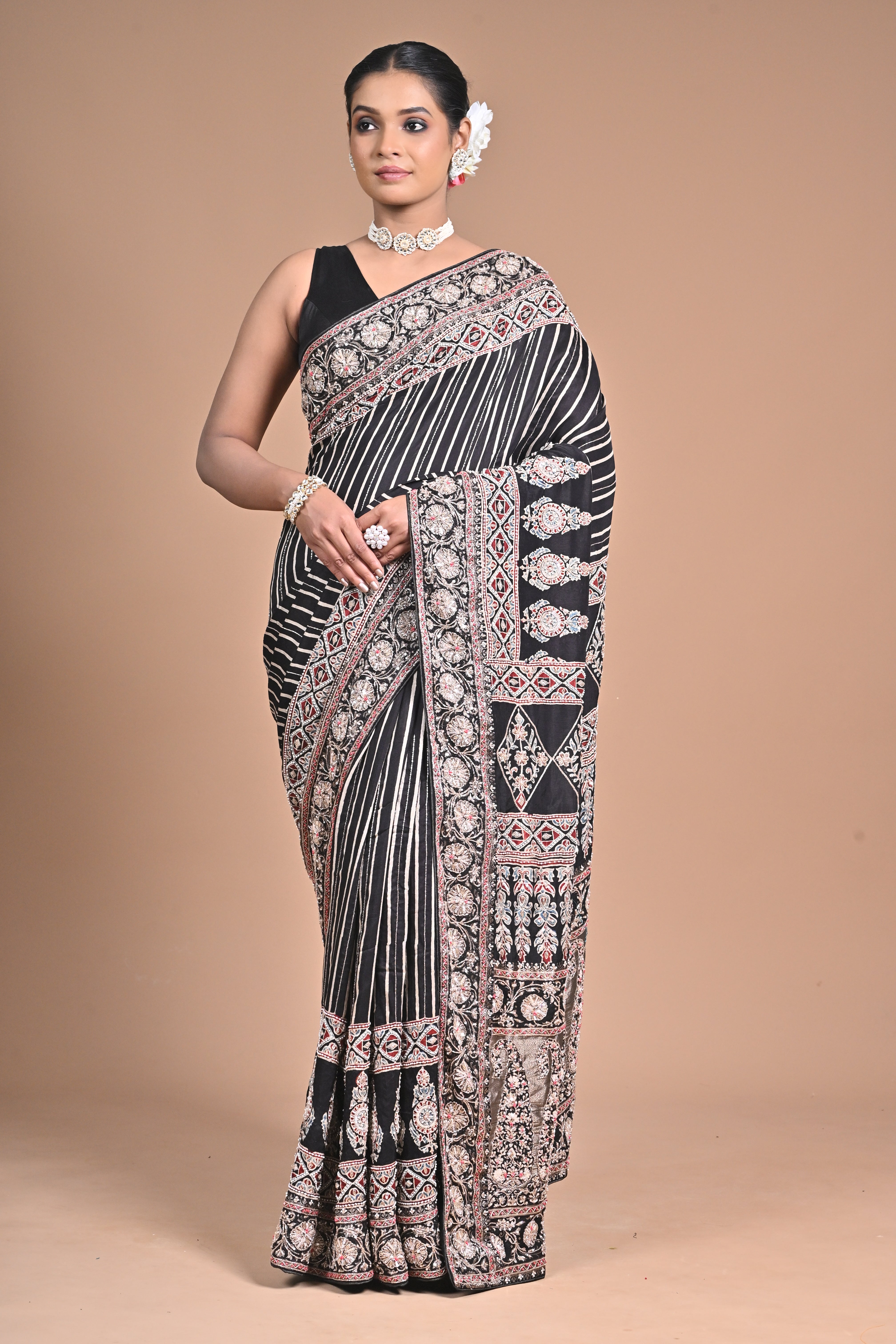 Ajrakh Elegance on Gajji Silk – Hand Embroidered Masterpiece