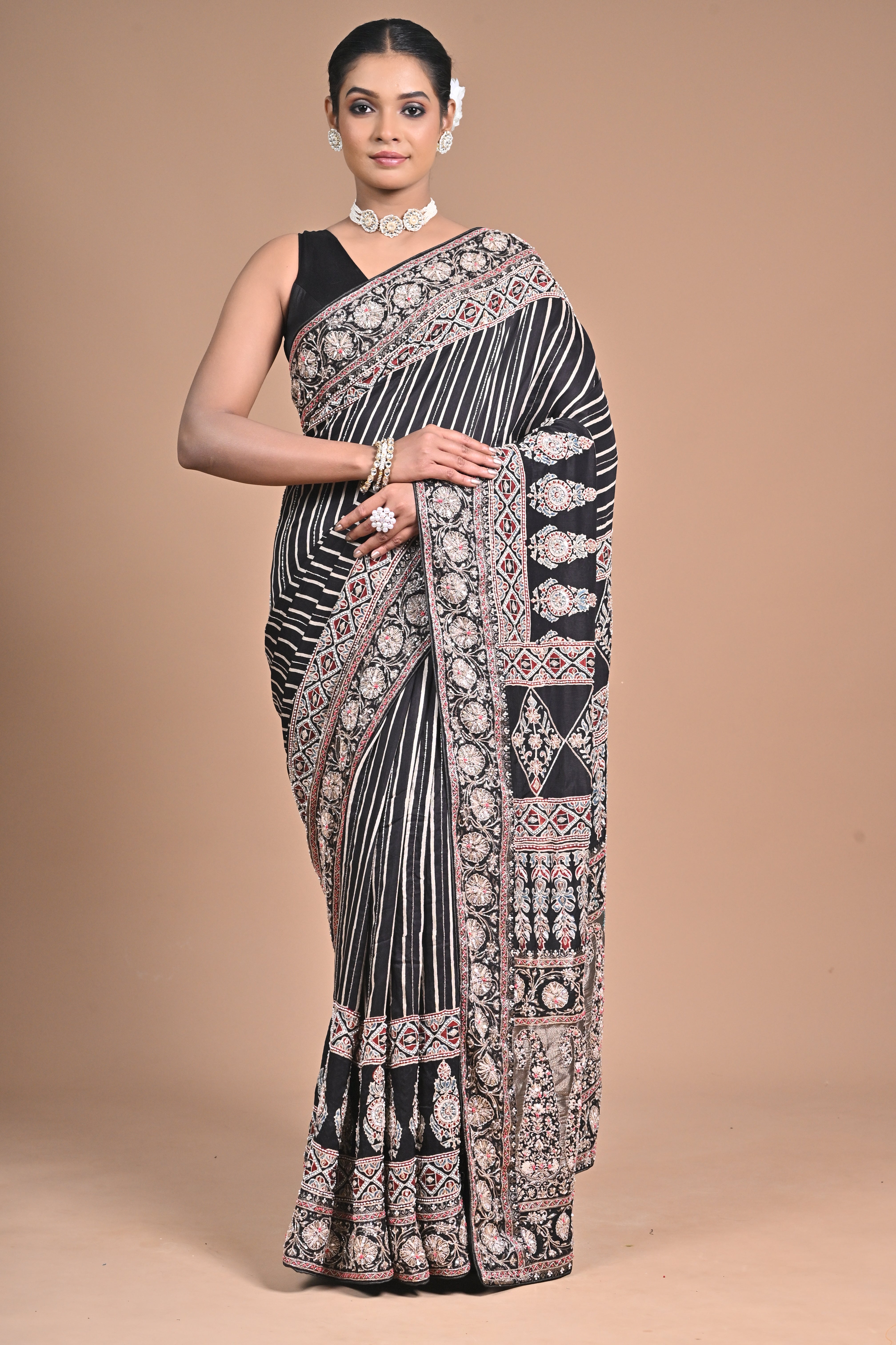 Ajrakh Elegance on Gajji Silk – Hand Embroidered Masterpiece