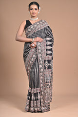 Ajrakh Elegance on Gajji Silk – Hand Embroidered Masterpiece
