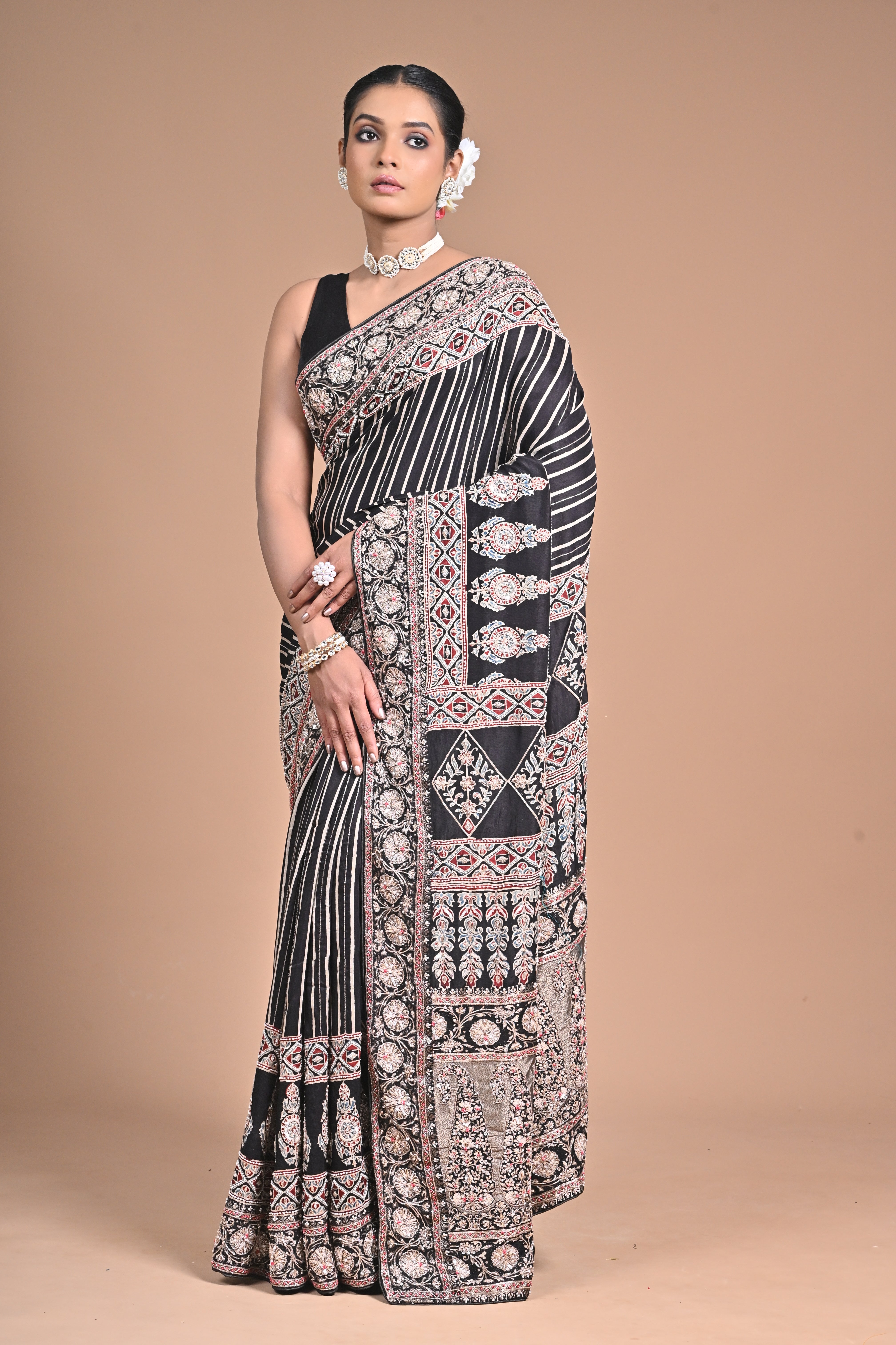Ajrakh Elegance on Gajji Silk – Hand Embroidered Masterpiece