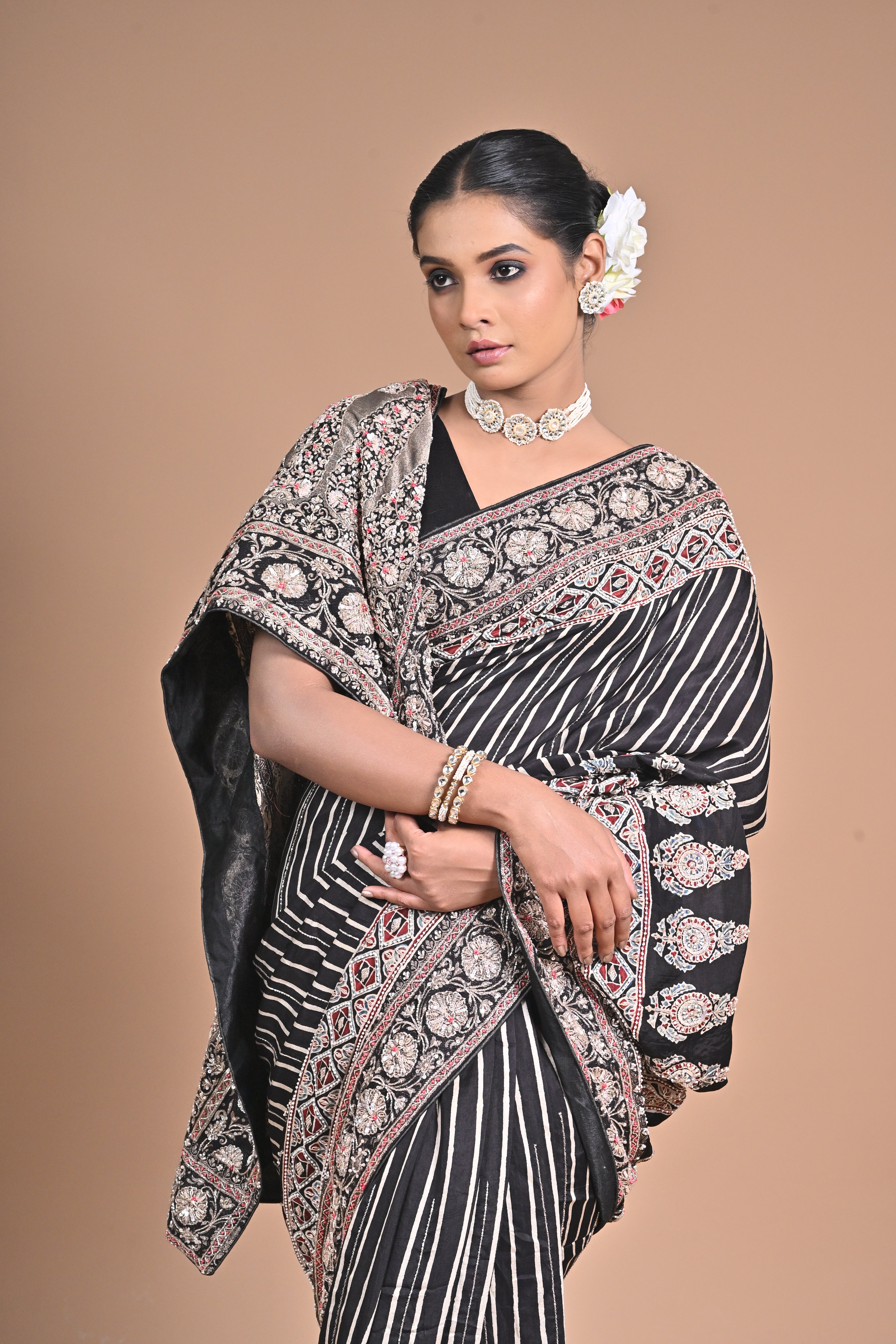Ajrakh Elegance on Gajji Silk – Hand Embroidered Masterpiece