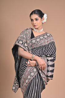 Ajrakh Elegance on Gajji Silk – Hand Embroidered Masterpiece