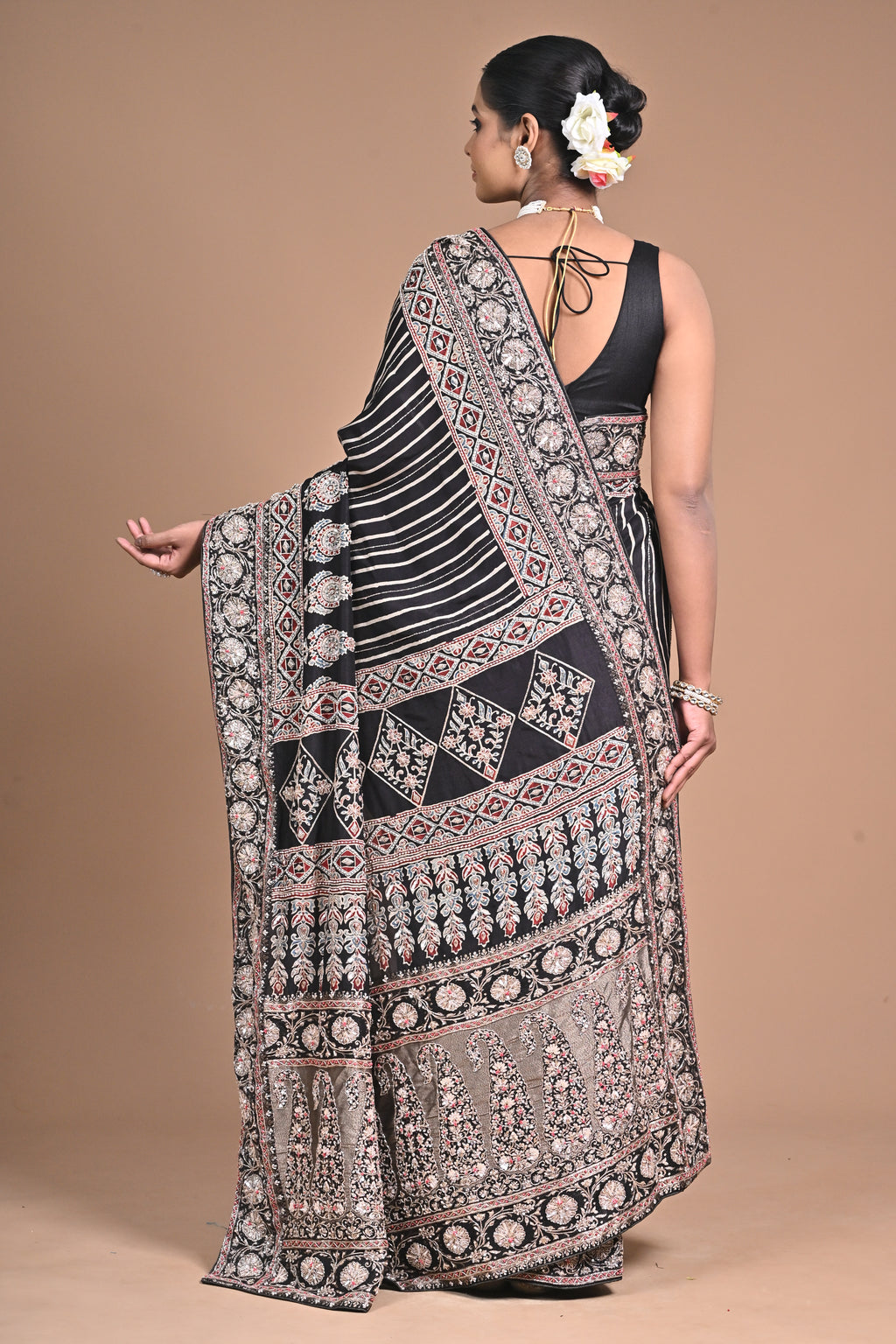 Ajrakh Elegance on Gajji Silk – Hand Embroidered Masterpiece
