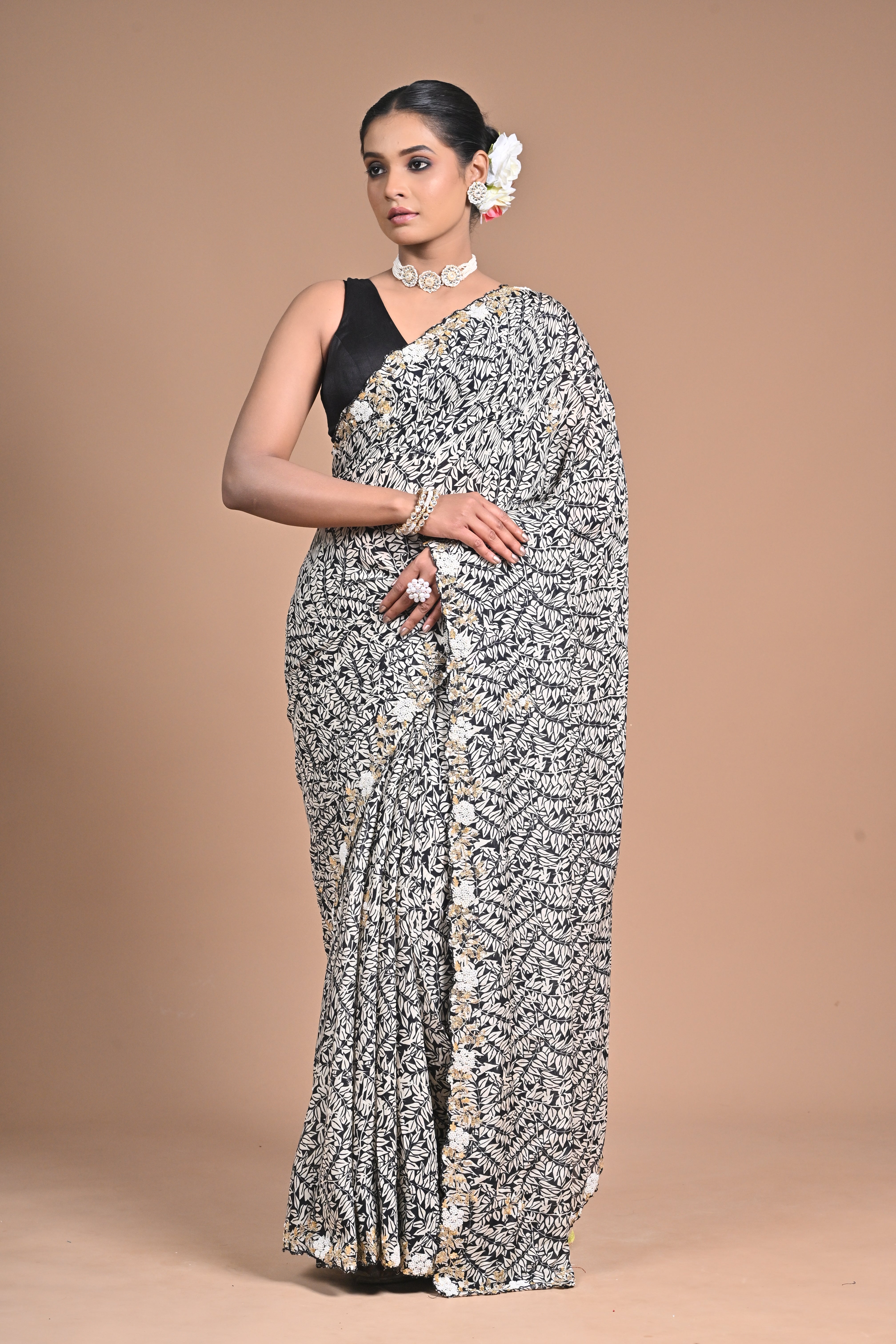 Ethereal Charm – Printed Georgette Saree with Hand Embroidered Border & Blouse