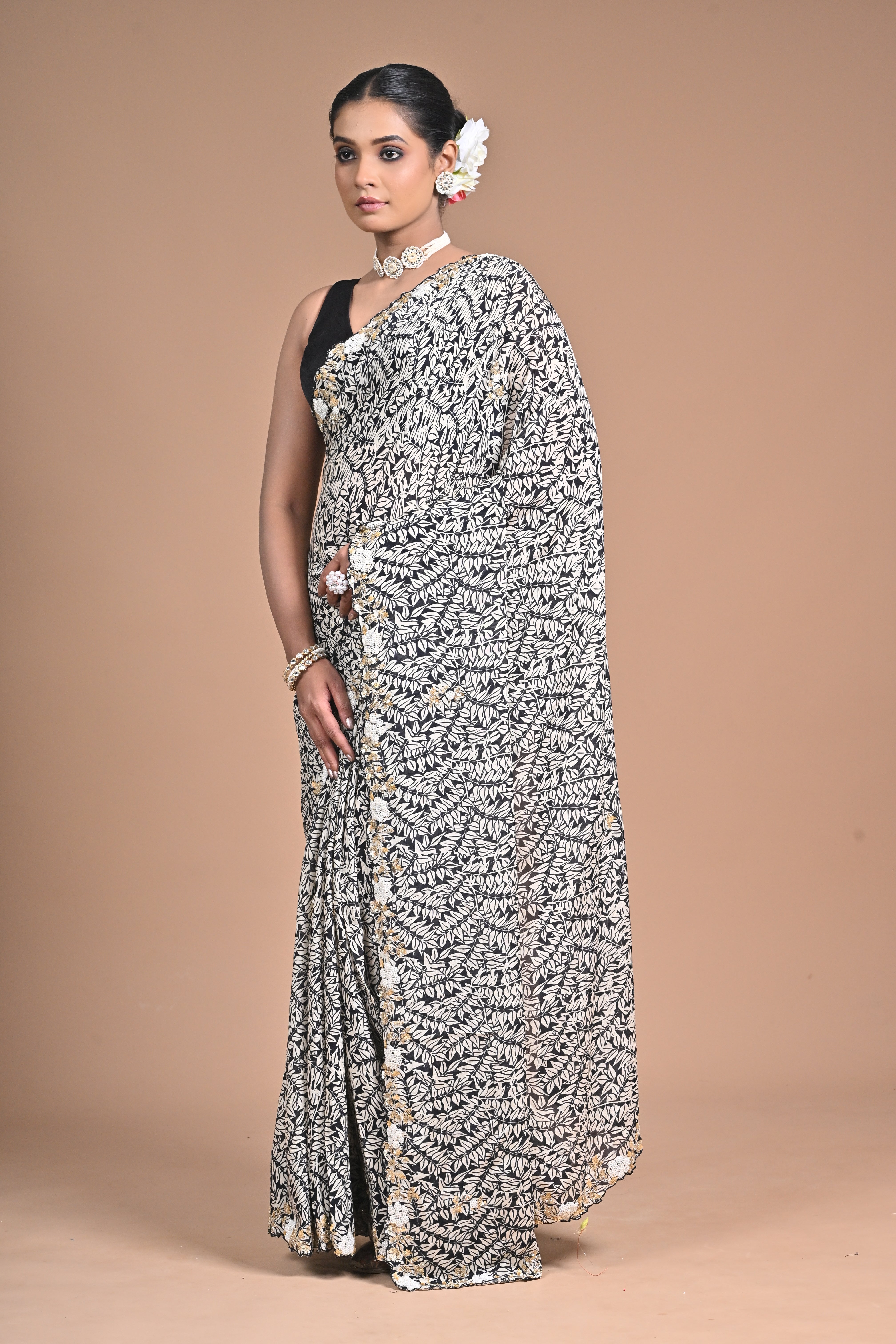 Ethereal Charm – Printed Georgette Saree with Hand Embroidered Border & Blouse