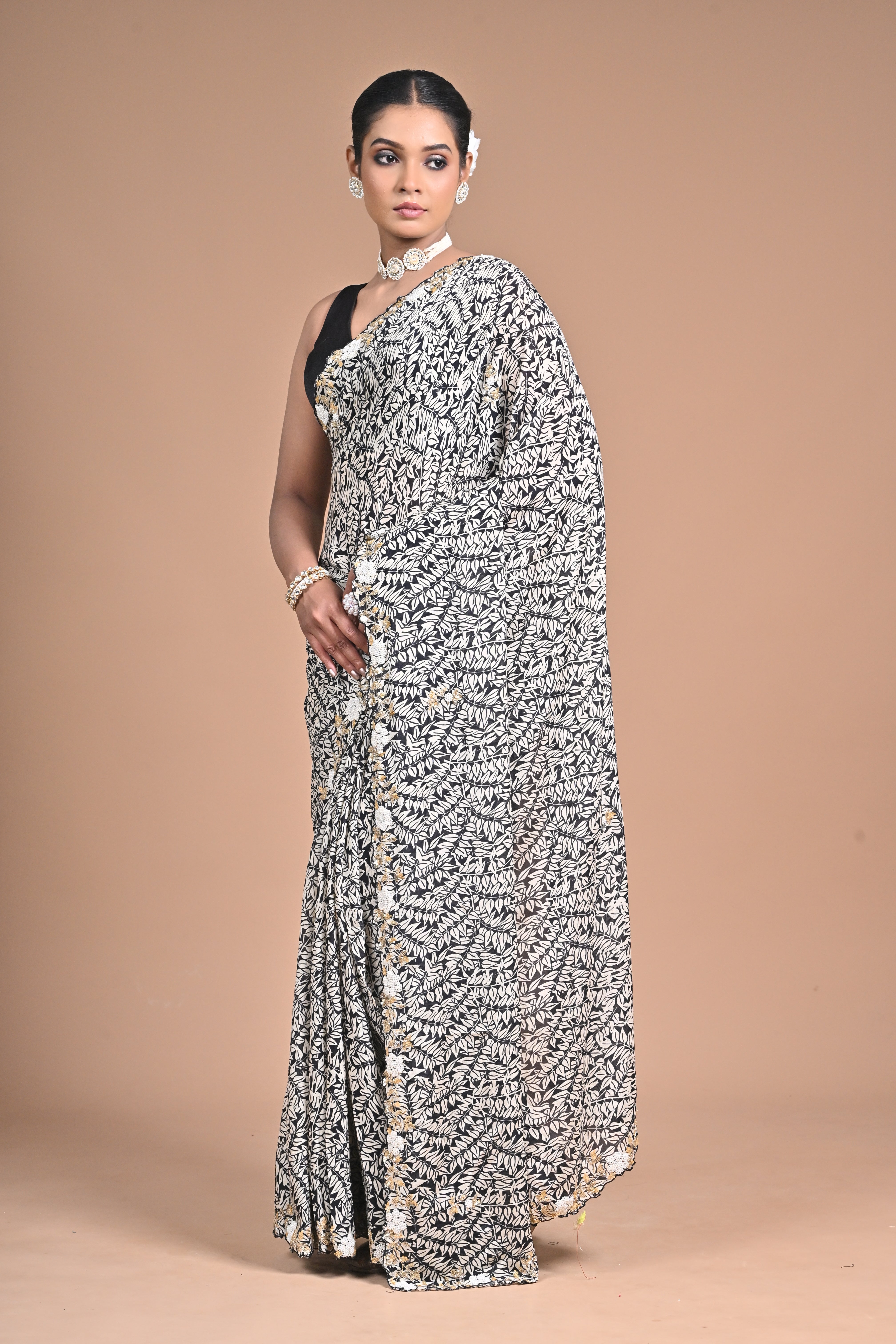 Ethereal Charm – Printed Georgette Saree with Hand Embroidered Border & Blouse