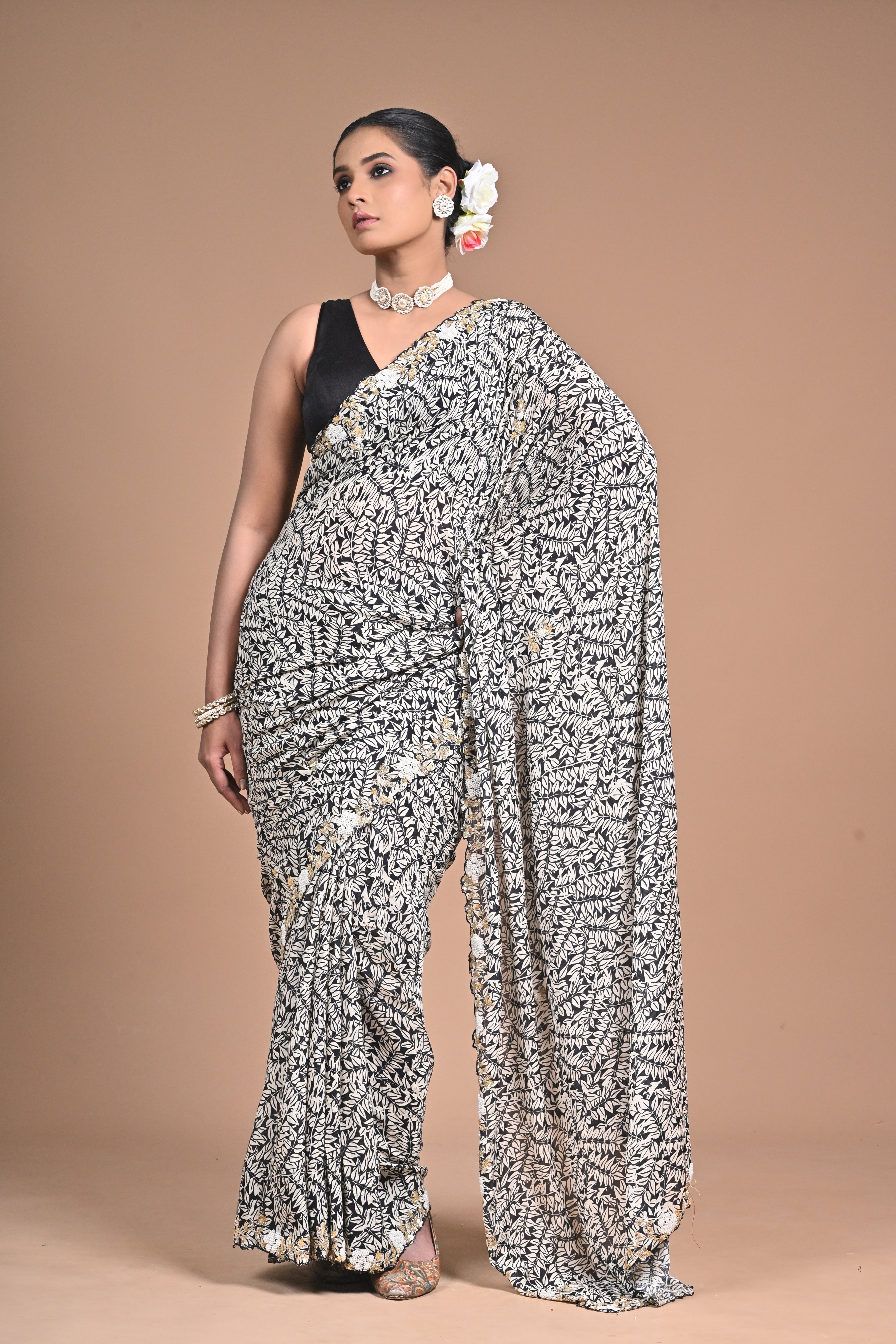 Ethereal Charm – Printed Georgette Saree with Hand Embroidered Border & Blouse