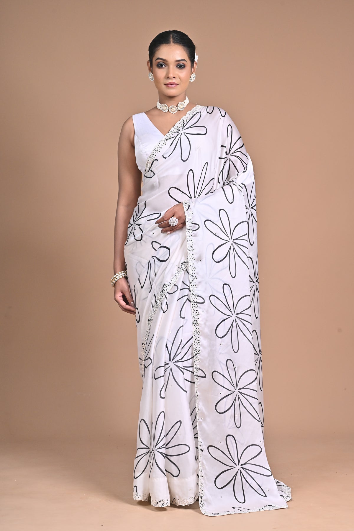 Ethereal Bloom Chinon Saree with Mirror Embellishments Main image