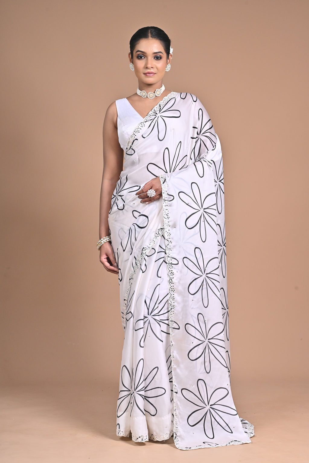 Ethereal Bloom Chinon Saree with Mirror Embellishments