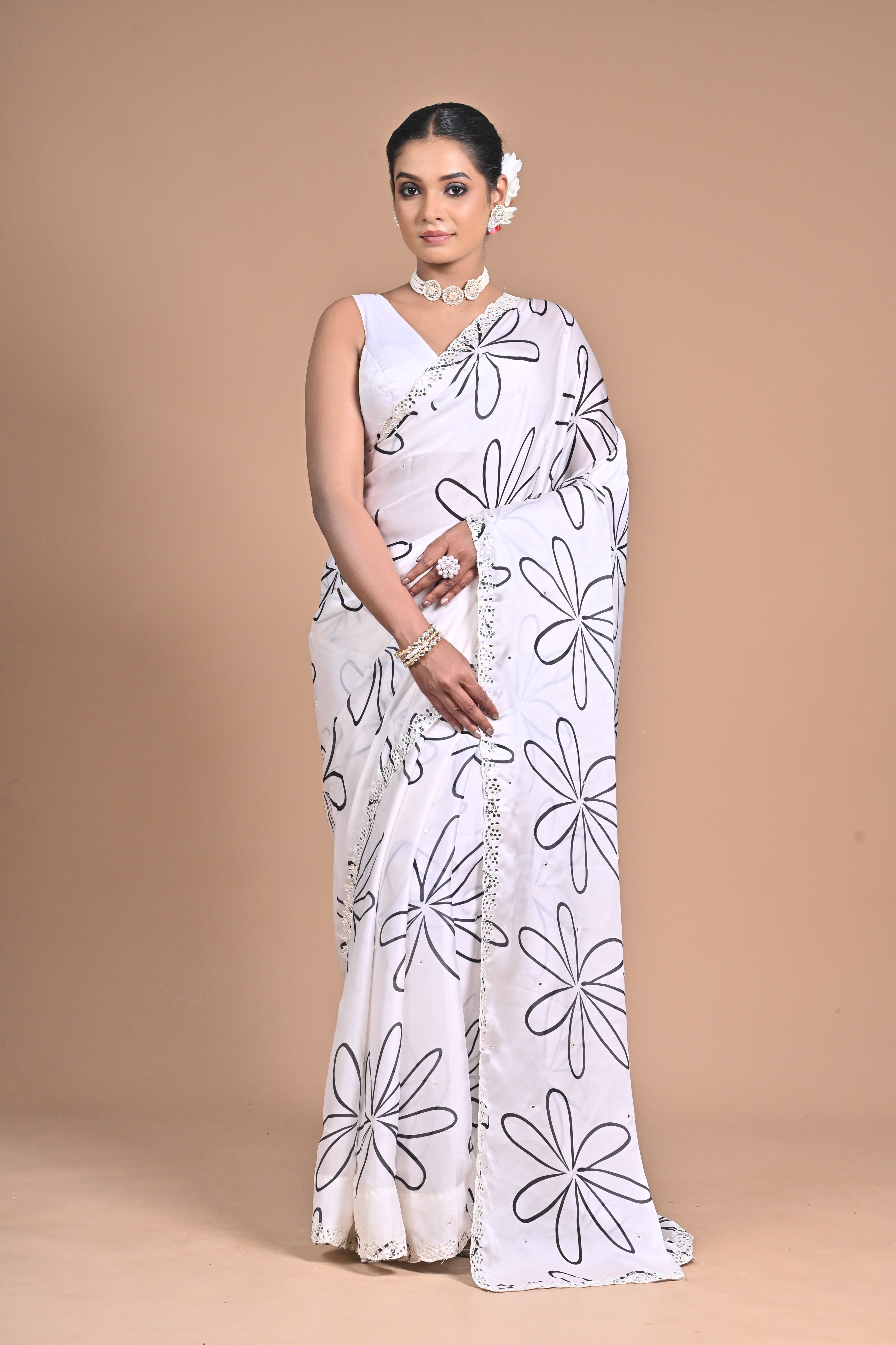 Ethereal Bloom Chinon Saree with Mirror Embellishments