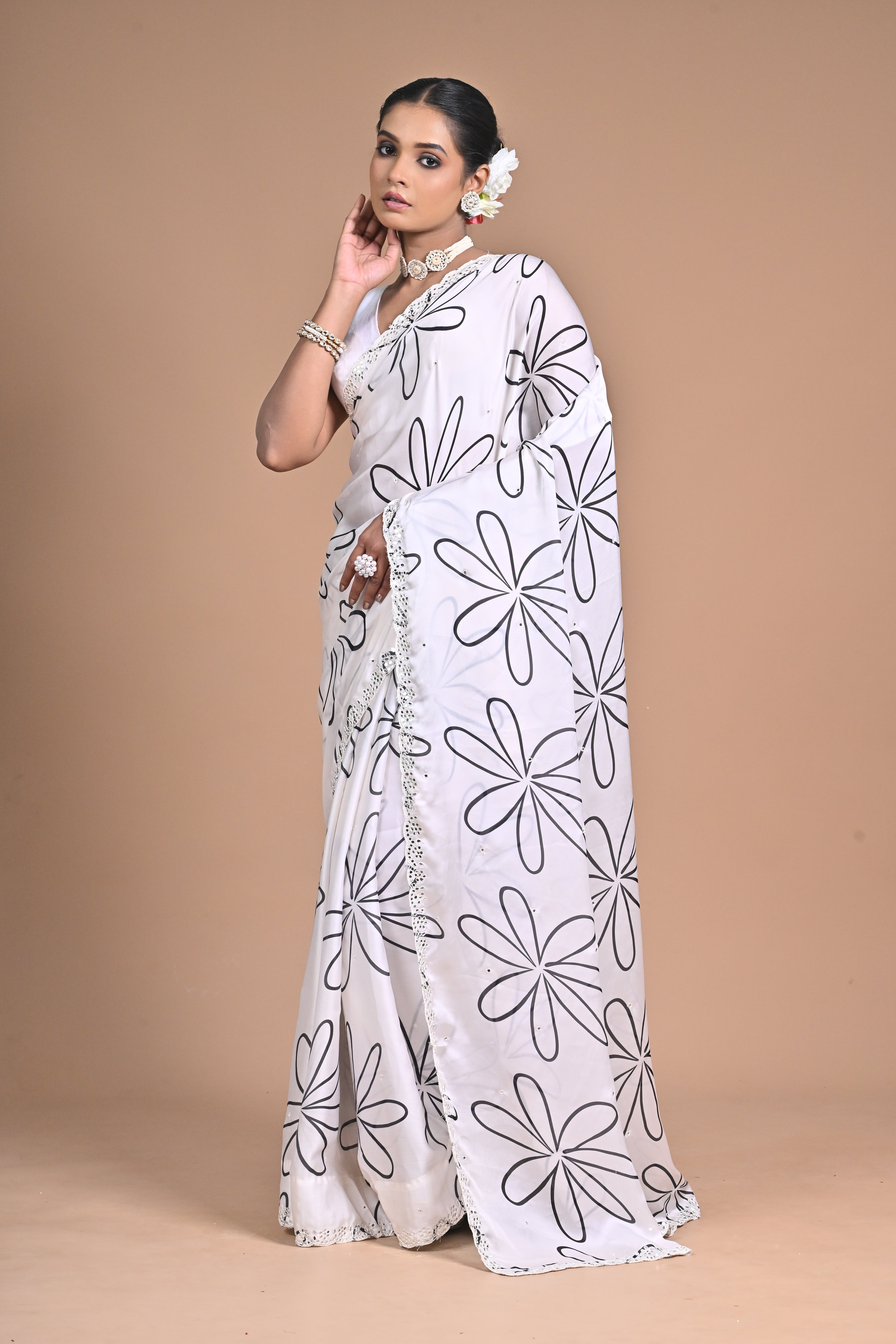 Ethereal Bloom Chinon Saree with Mirror Embellishments