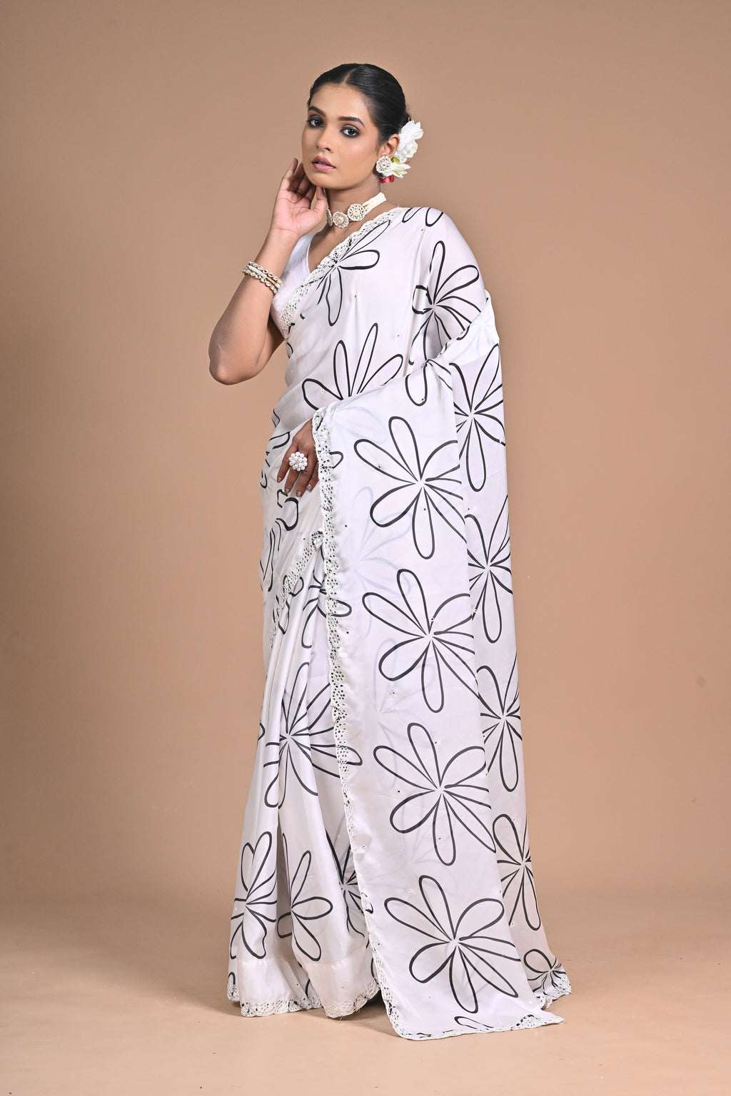 Ethereal Bloom Chinon Saree with Mirror Embellishments