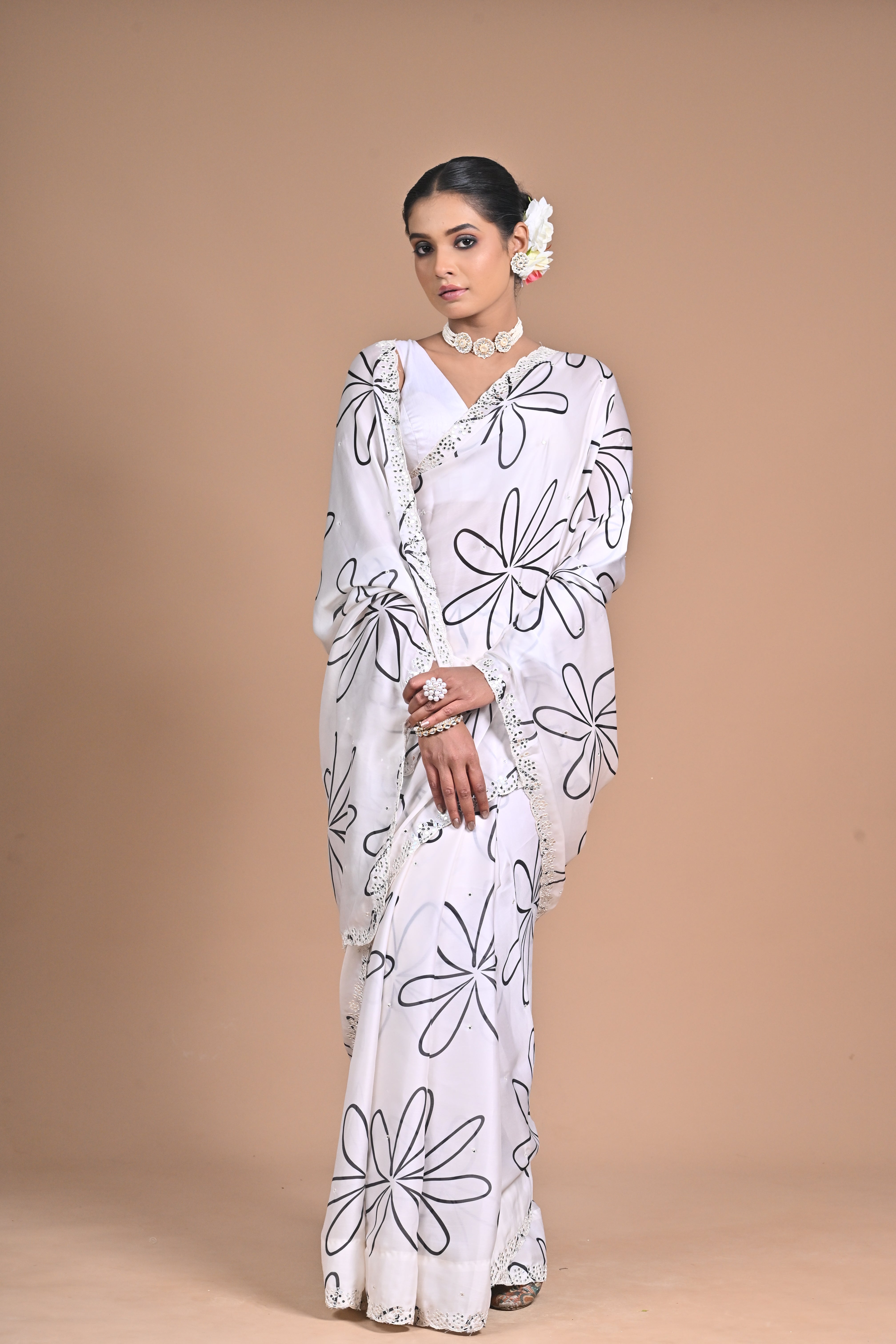 Ethereal Bloom Chinon Saree with Mirror Embellishments