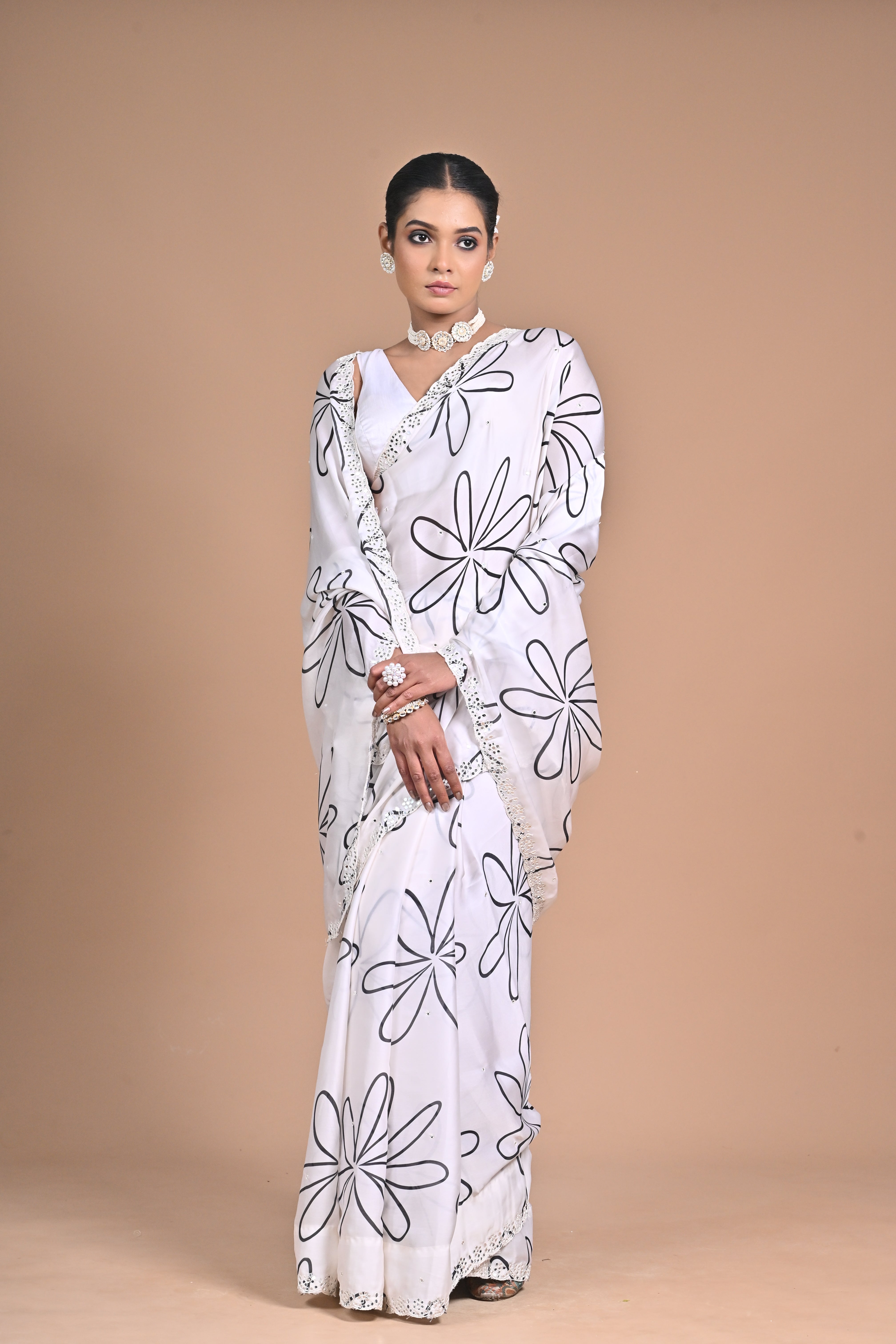 Ethereal Bloom Chinon Saree with Mirror Embellishments
