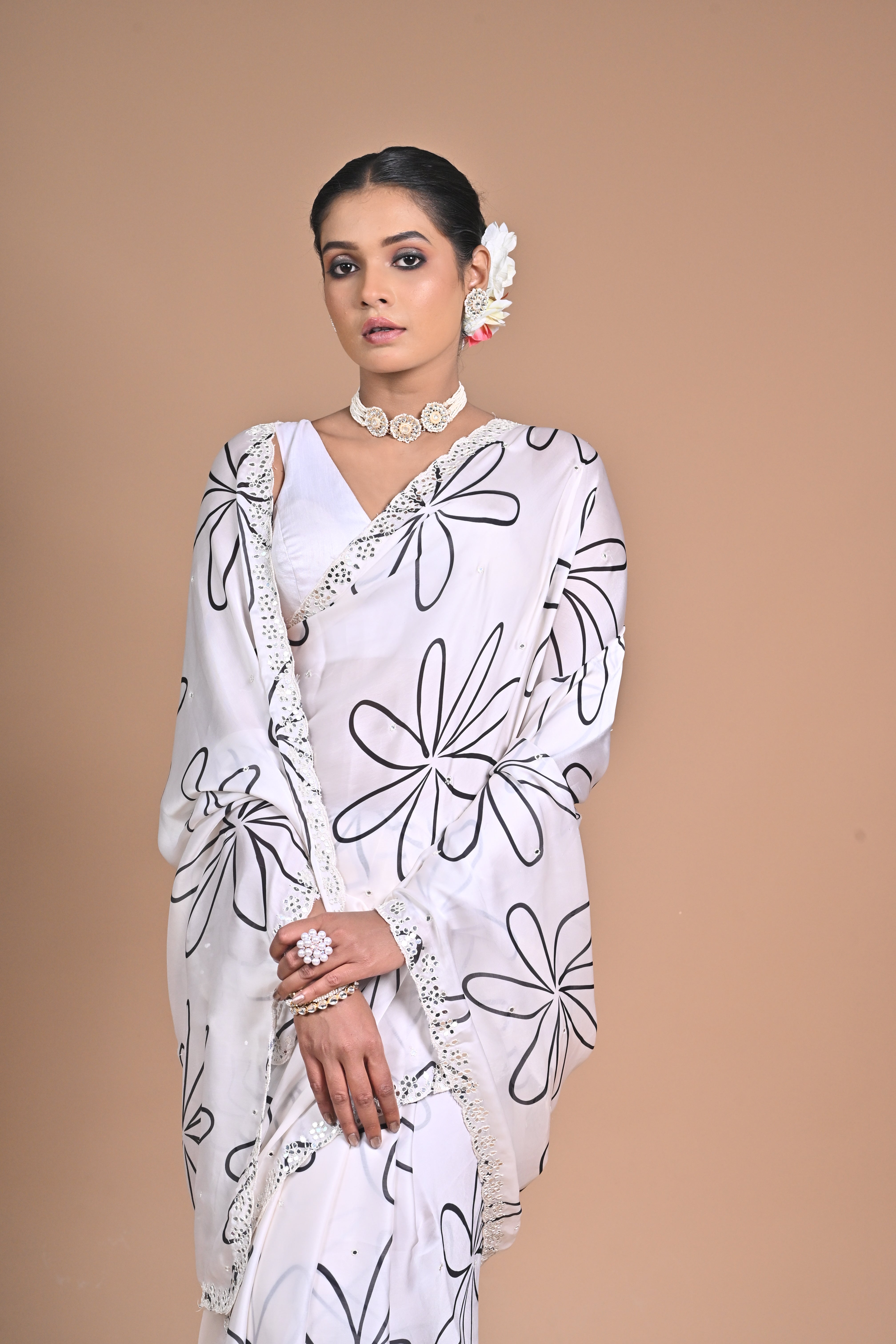 Ethereal Bloom Chinon Saree with Mirror Embellishments