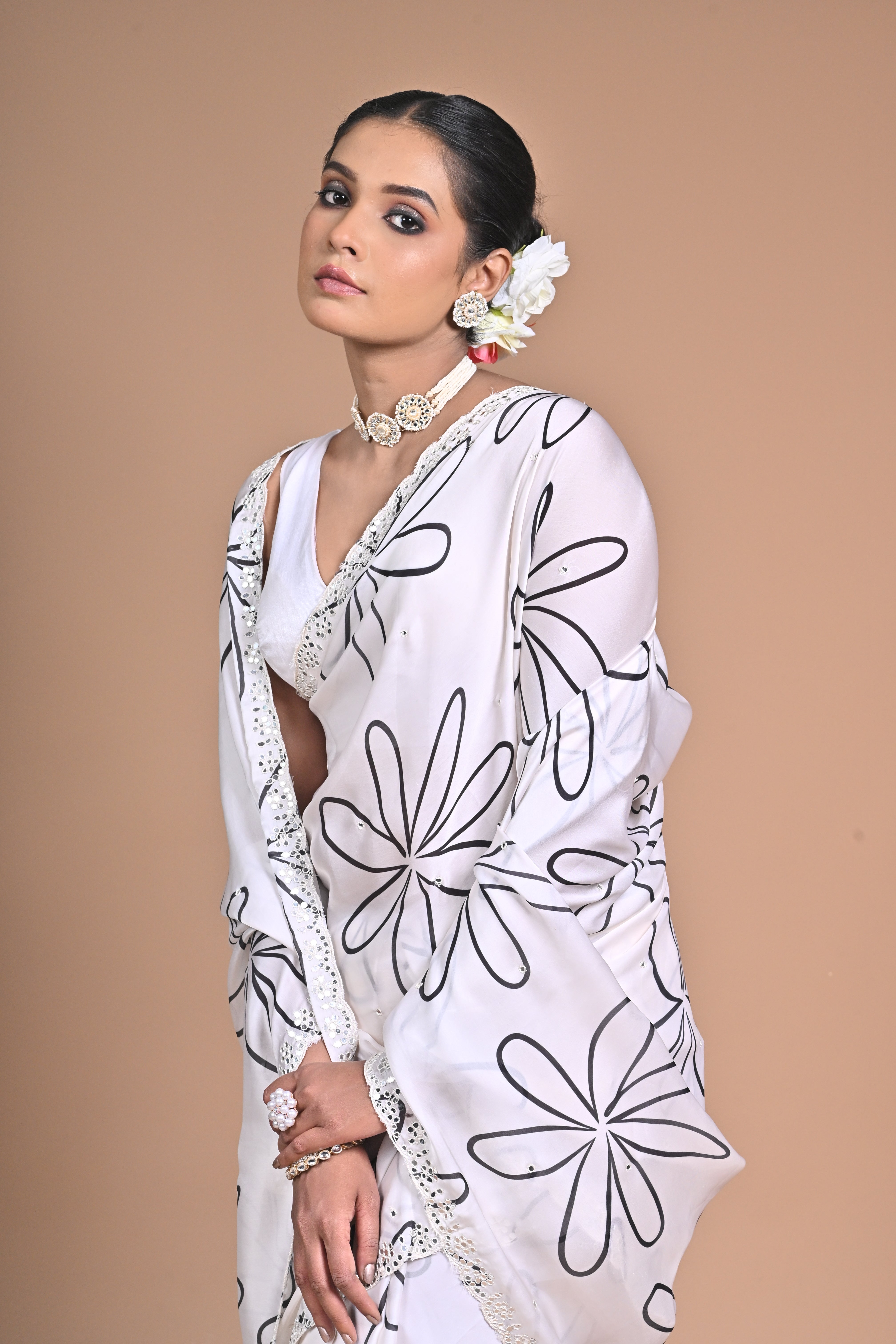 Ethereal Bloom Chinon Saree with Mirror Embellishments